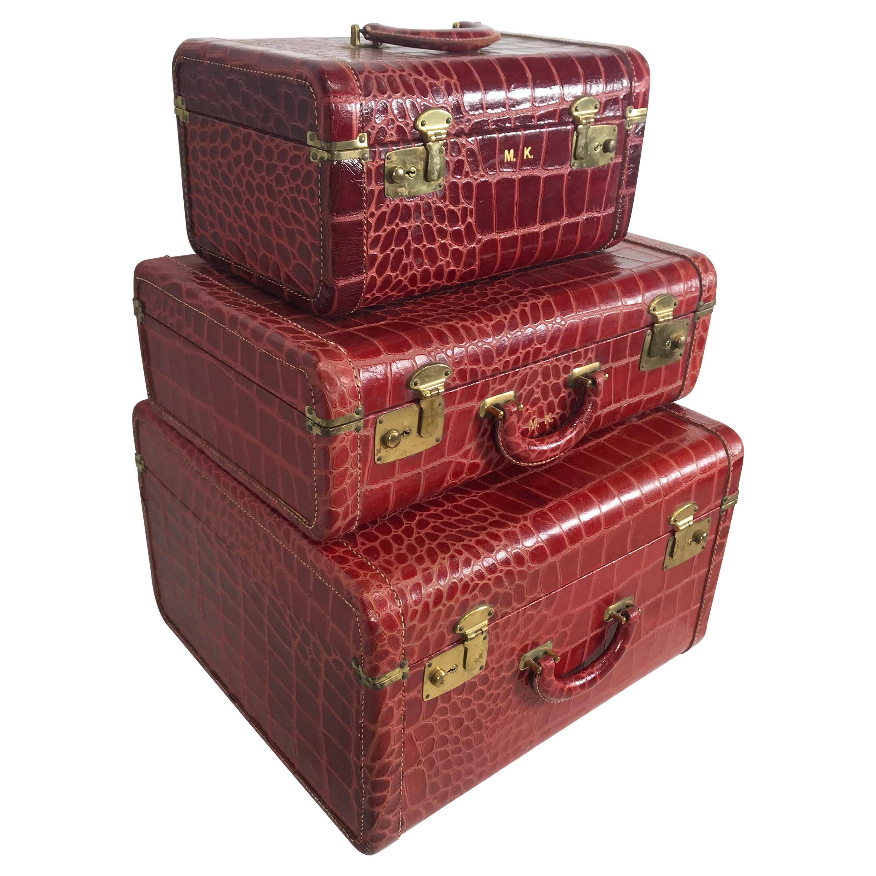 Unusual Set of 3 Red Leather, Faux Alligator Luggage, with Cosmetic Case