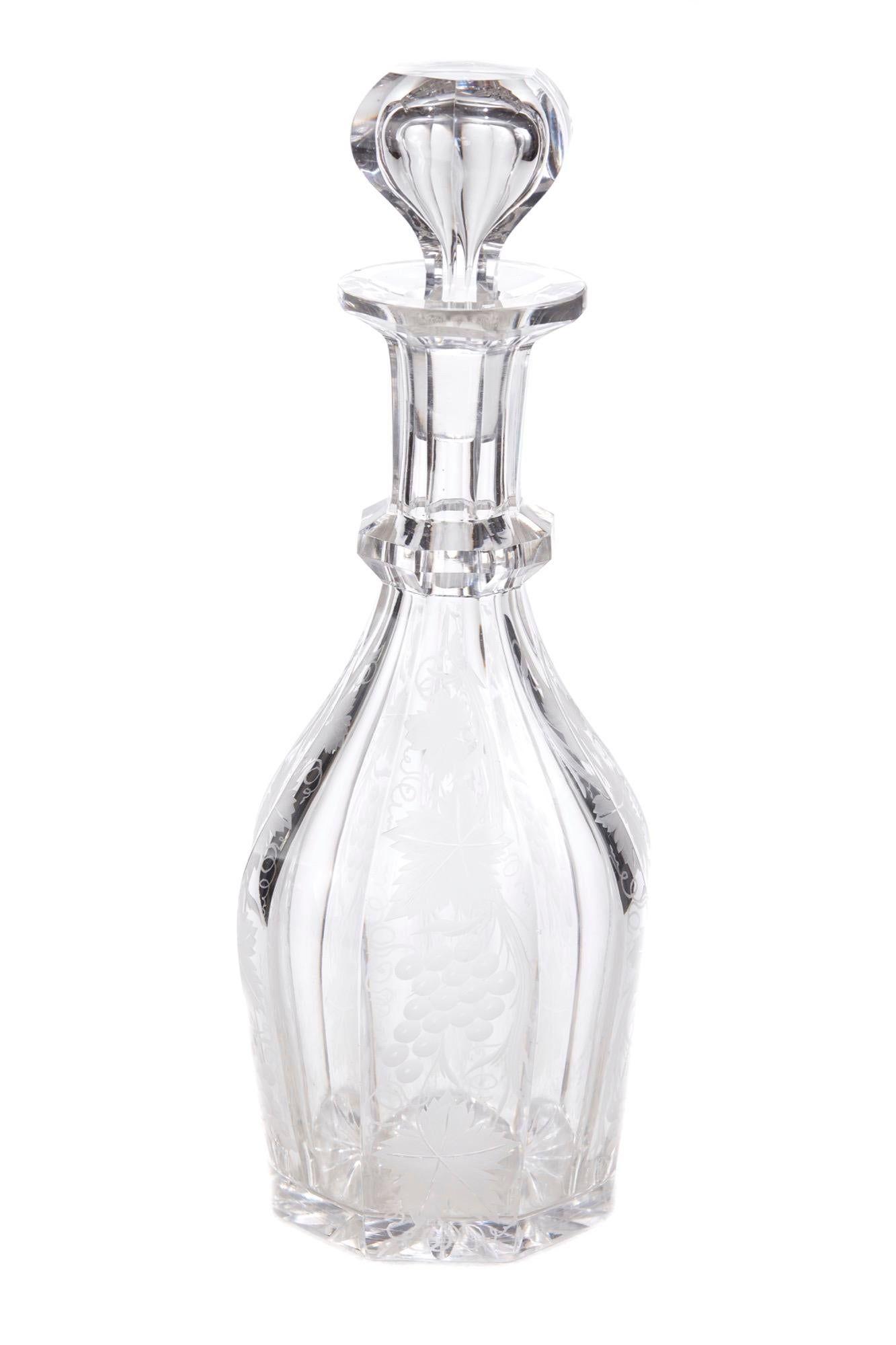 European Unusual Set of 3 Antique Etched Glass Decanters, circa 1870