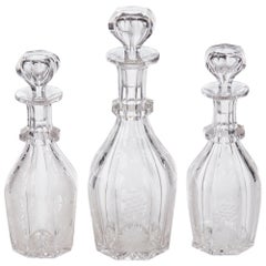 Unusual Set of 3 Antique Etched Glass Decanters, circa 1870
