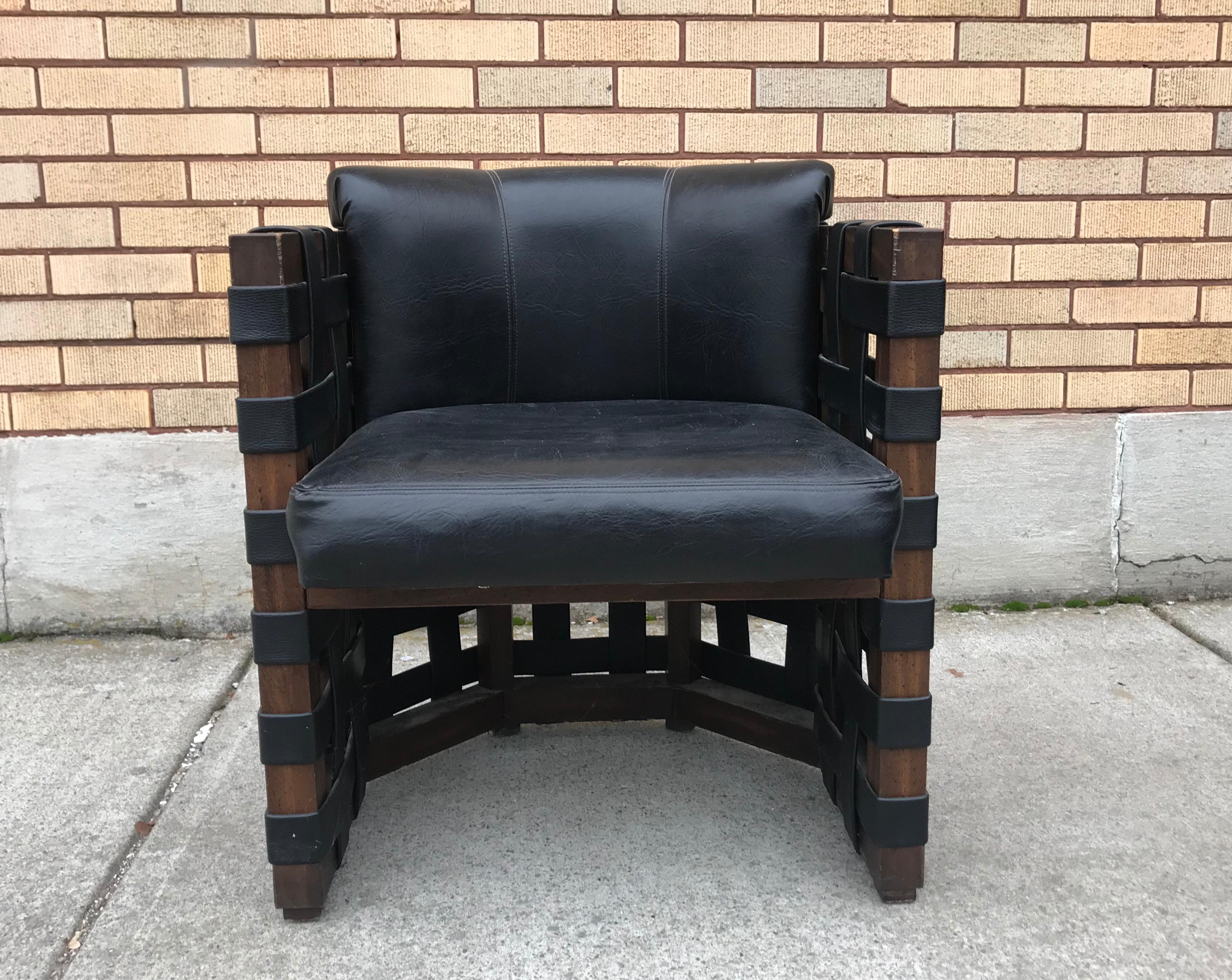 Unusual set of 4 armchairs /dining, weaved Naugahyde and walnut wood construction, modern Brutalist design. Great from any angle. Hand delivery available to New York City or anywhere en route from Buffalo NY.