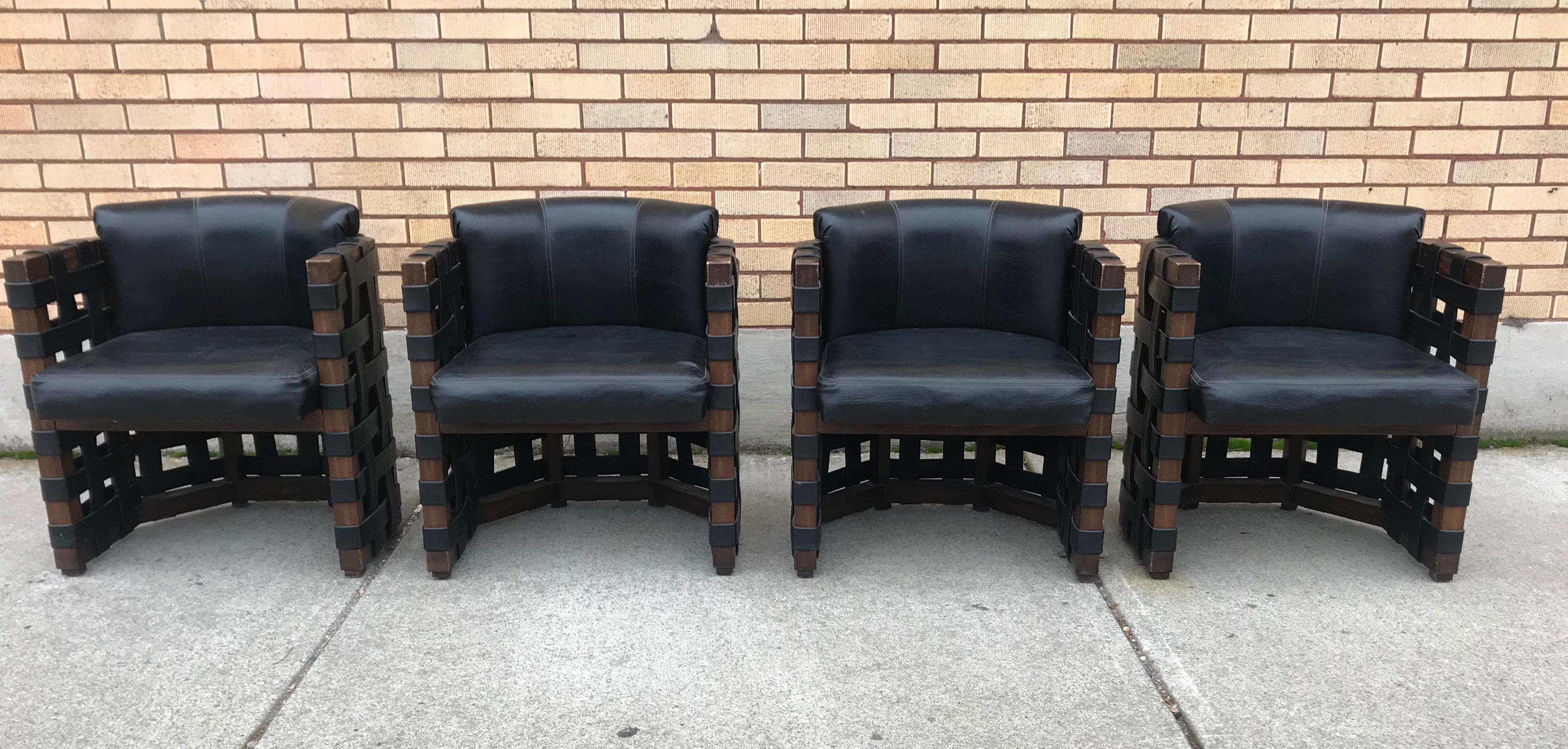 Unusual Set of 4 Armchairs /Dining, Weaved Walnut Modern Brutalist In Good Condition In Buffalo, NY