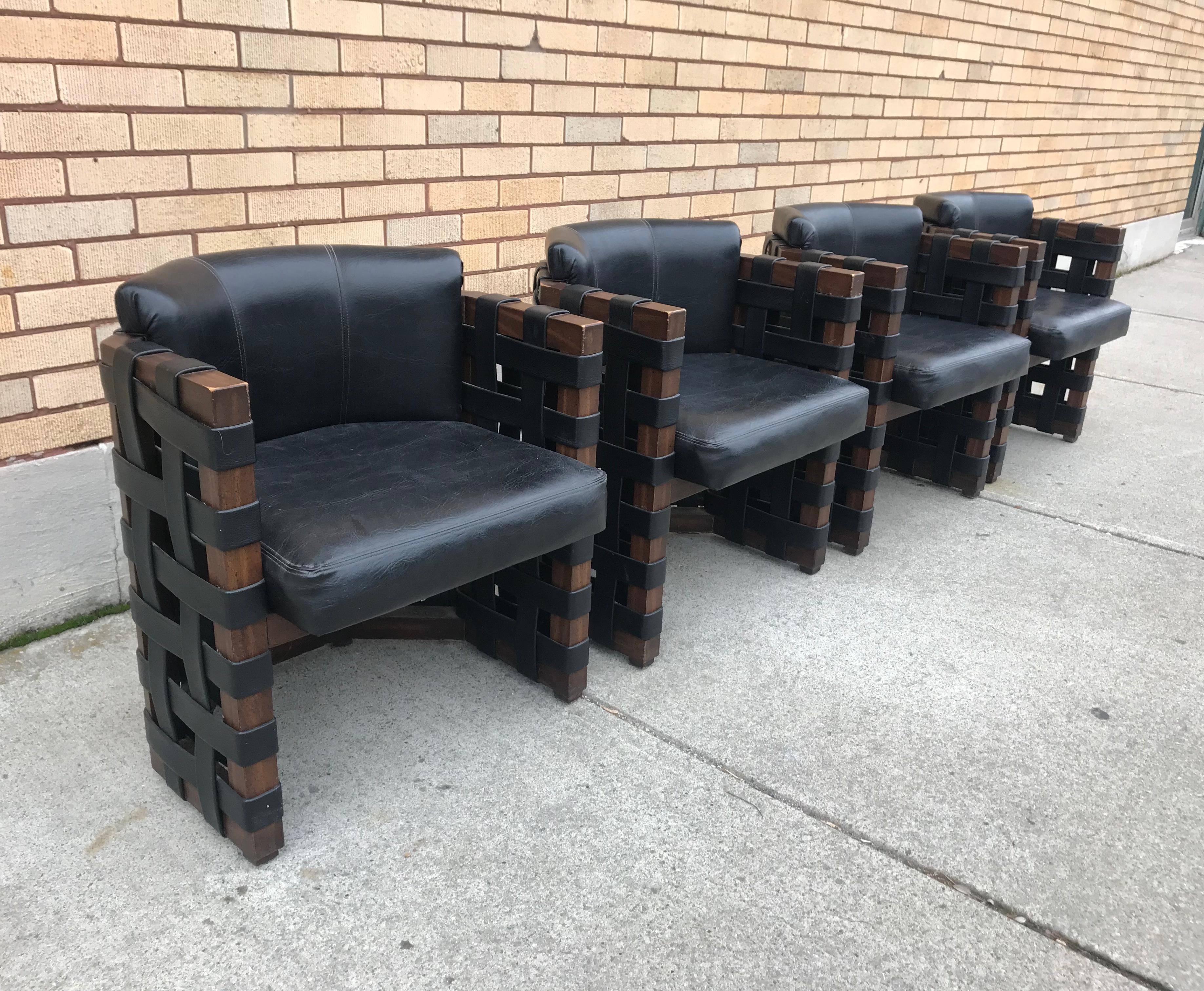 Unusual Set of 4 Armchairs /Dining, Weaved Walnut Modern Brutalist 1