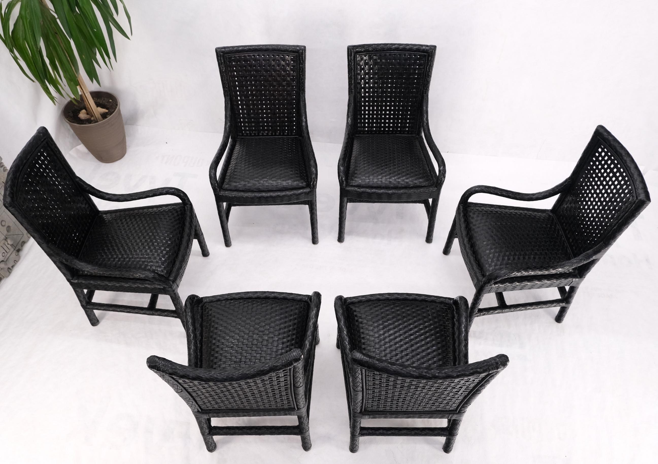 Unusual Set of 6 Black Leather Strap Weaved Dining Arm Chairs Mid Century Moder  For Sale 10
