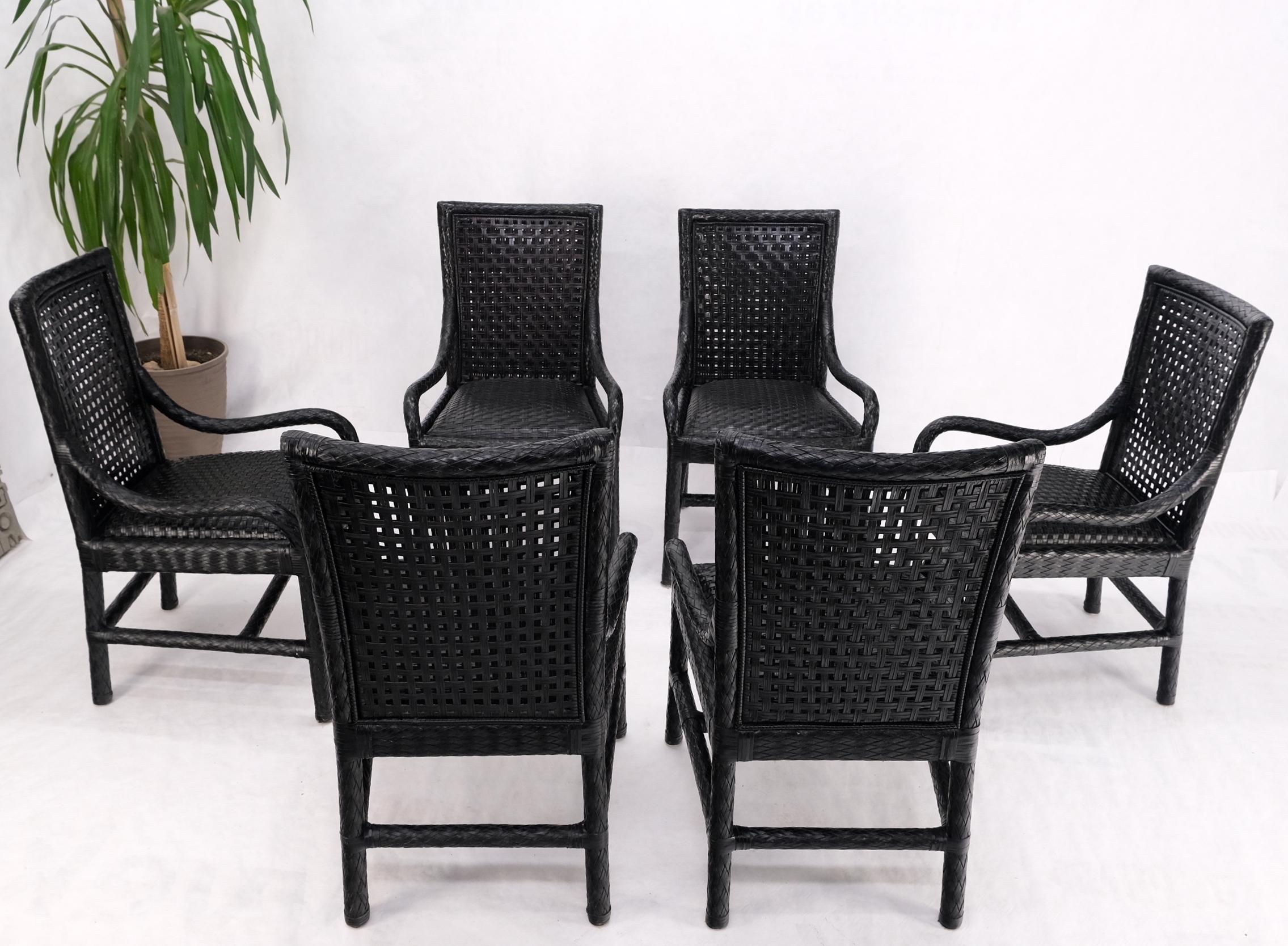 Unusual Set of 6 Black Leather Strap Weaved Dining Arm Chairs Mid Century Moder  For Sale 11