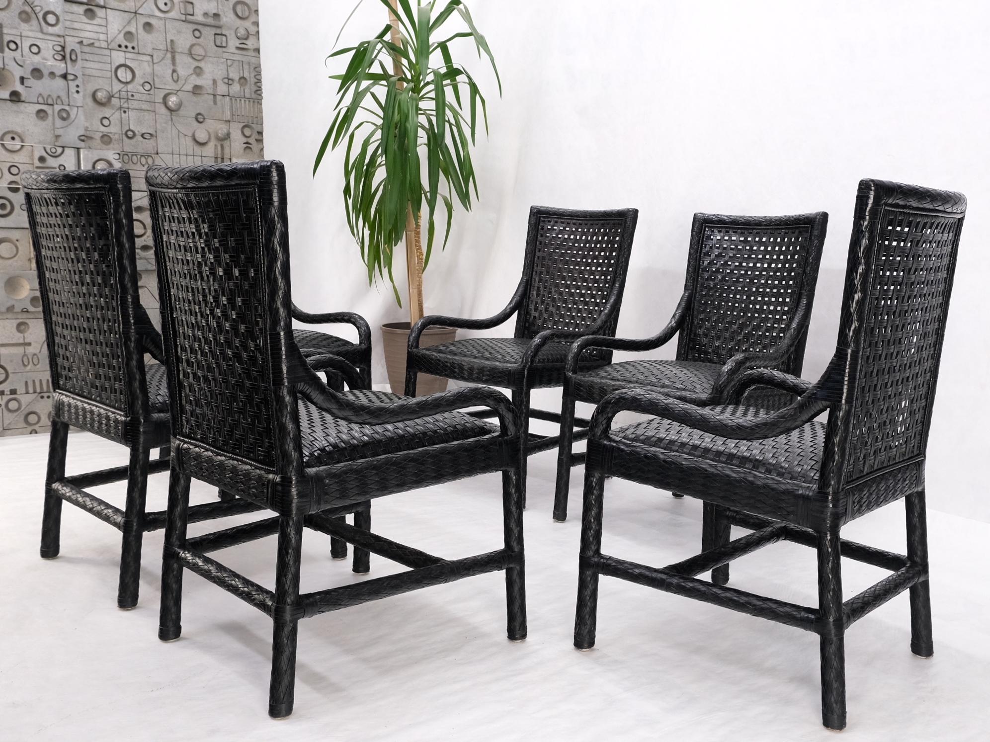 Mid-Century Modern Unusual Set of 6 Black Leather Strap Weaved Dining Arm Chairs Mid Century Moder  For Sale