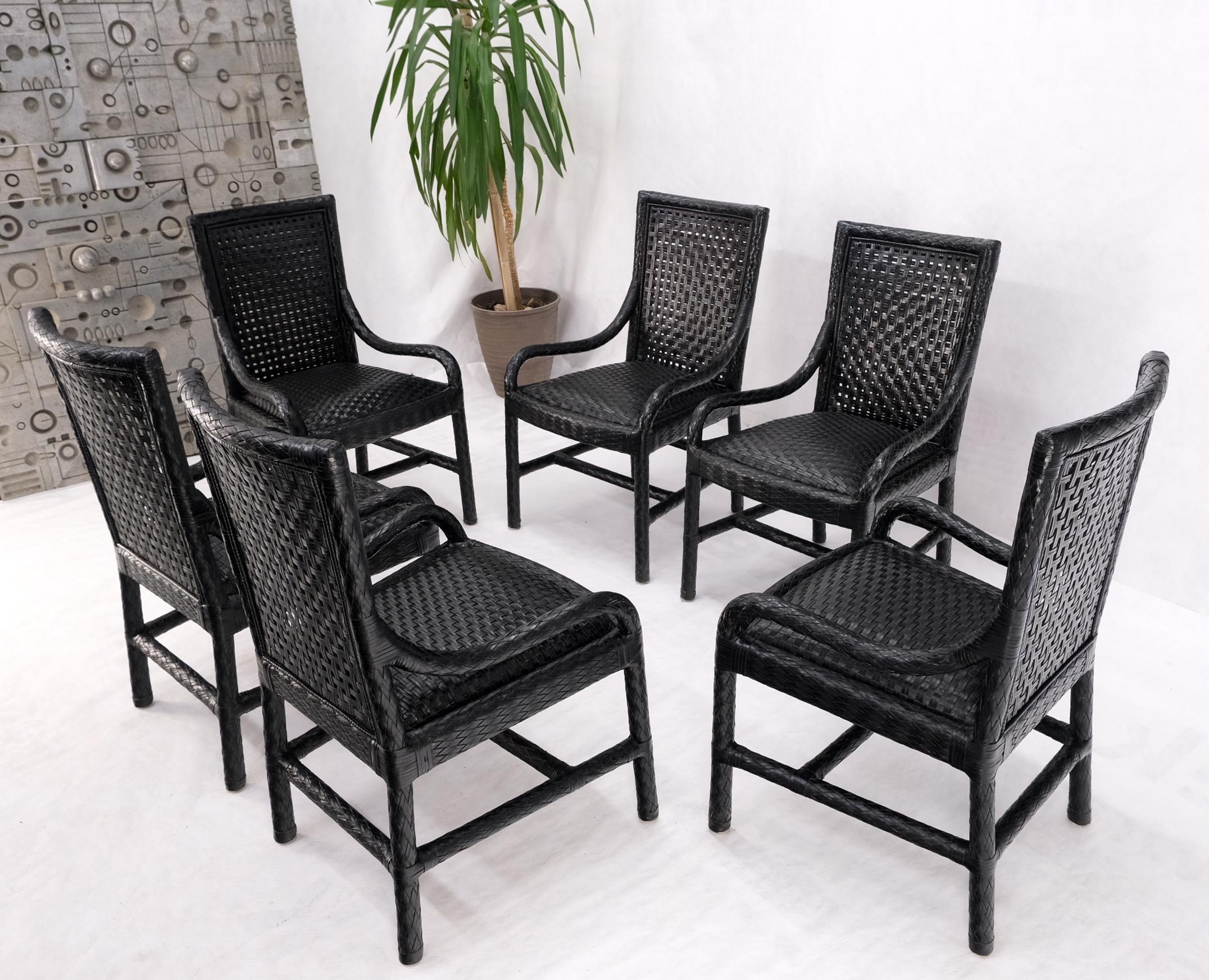 Unusual Set of 6 Black Leather Strap Weaved Dining Arm Chairs Mid Century Moder  In Good Condition For Sale In Rockaway, NJ