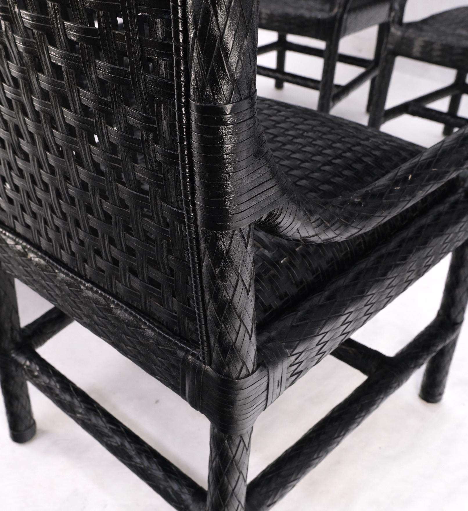Unusual Set of 6 Black Leather Strap Weaved Dining Arm Chairs Mid Century Moder  For Sale 2
