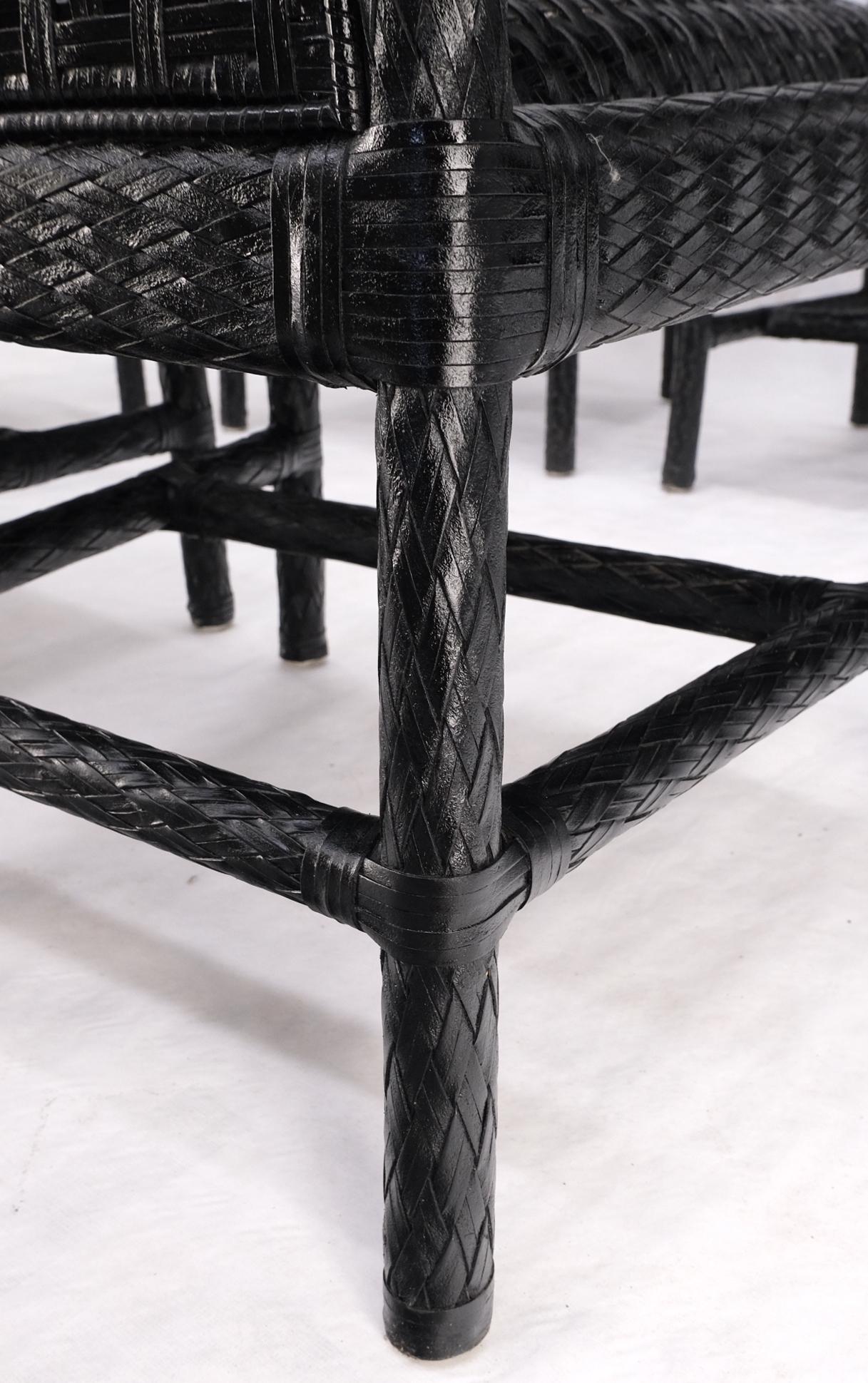 Unusual Set of 6 Black Leather Strap Weaved Dining Arm Chairs Mid Century Moder  For Sale 3