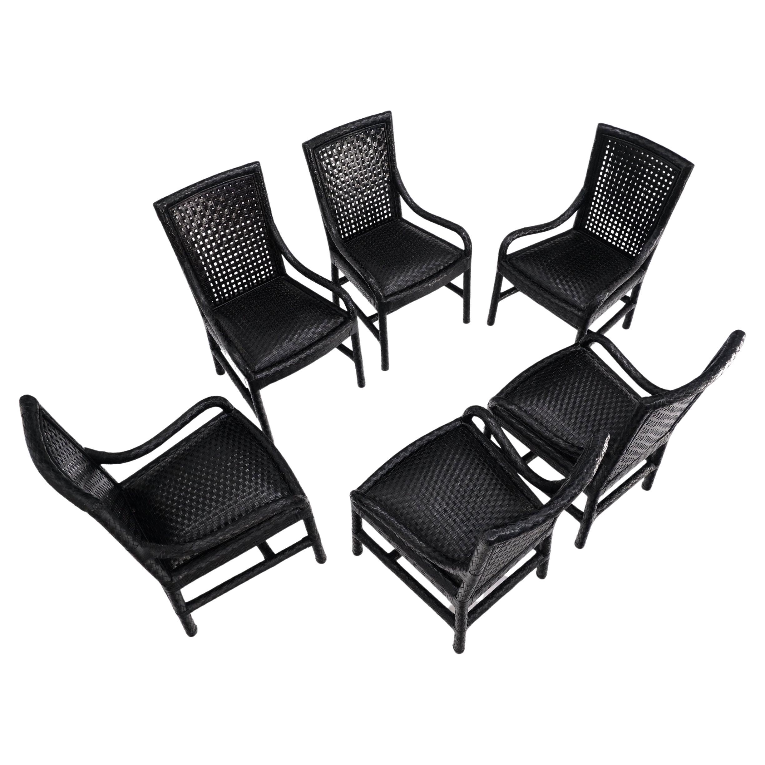 Unusual Set of 6 Black Leather Strap Weaved Dining Arm Chairs Mid Century Moder  For Sale