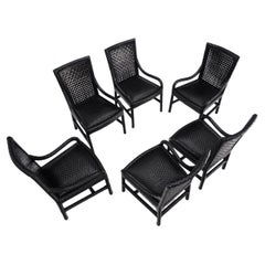 Unusual Set of 6 Black Leather Strap Weaved Dining Arm Chairs Mid Century Moder 