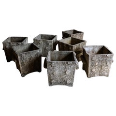 Unusual Set of Eight Faux Bois Concrete Planters from France, Circa 1950