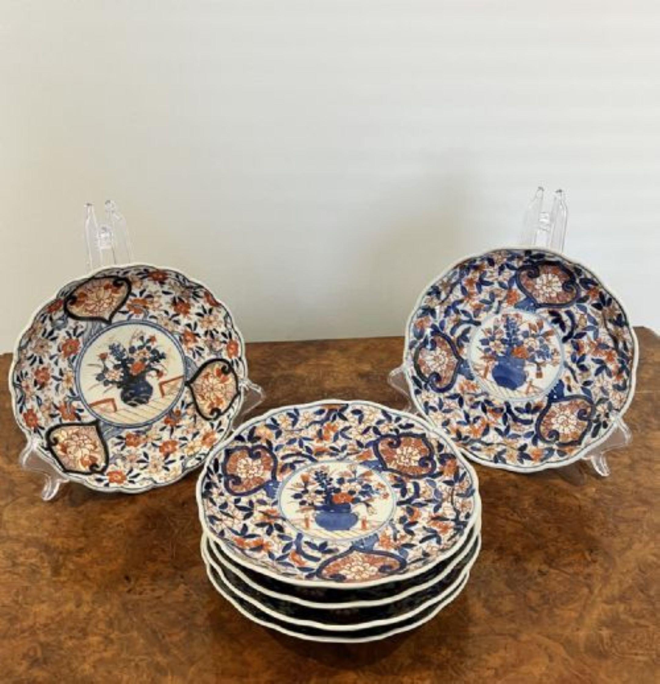 Unusual set of six antique Japanese quality Imari plates having a quality set of six original antique Japanese Imari plates in wonderful red, blue and white colours with floral decoration 