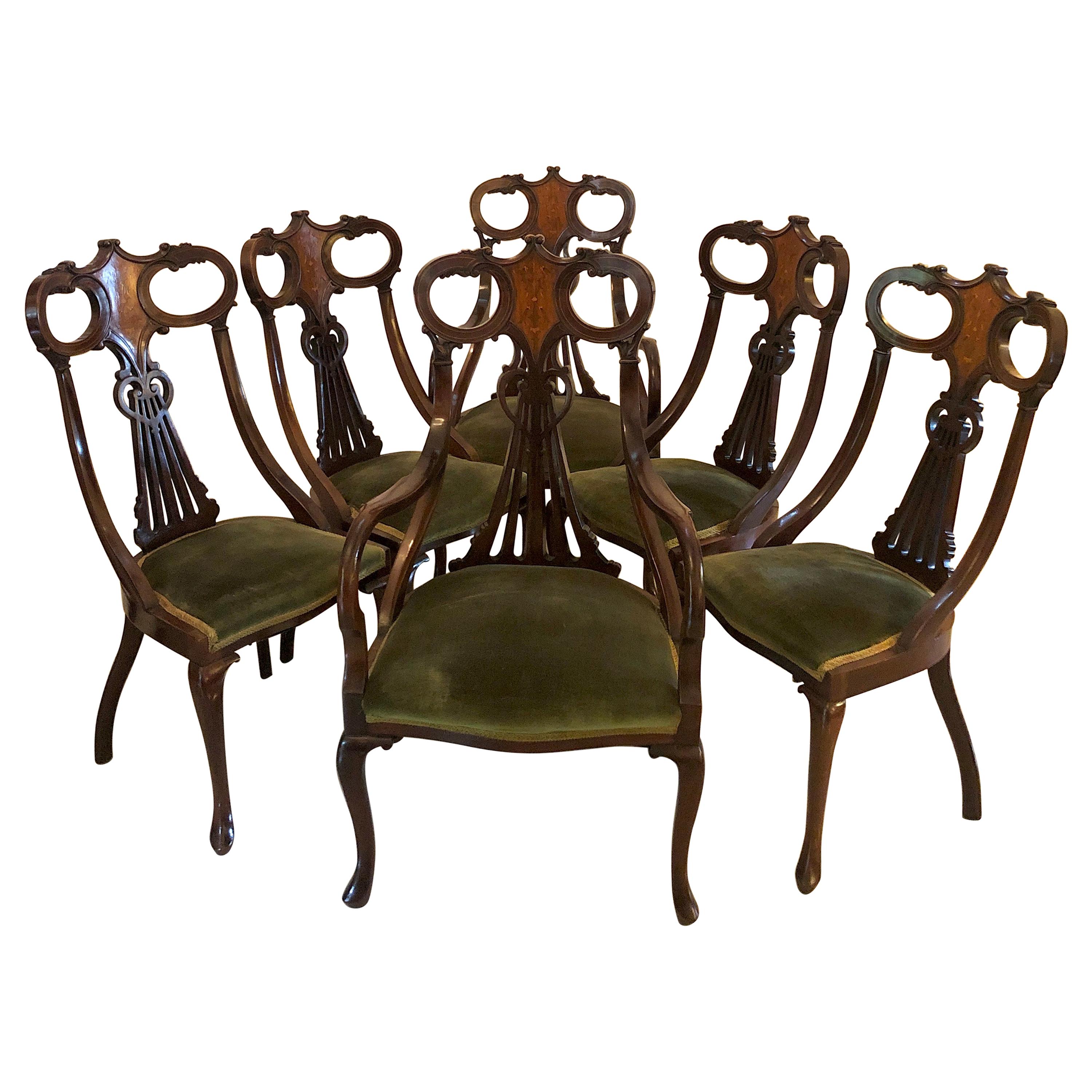Unusual Set of Six Antique Mahogany Inlaid Dining Chairs
