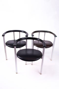Minimalist Set of Three B&B Italia Dining Chairs in Steel & Leather, Italy 1980s