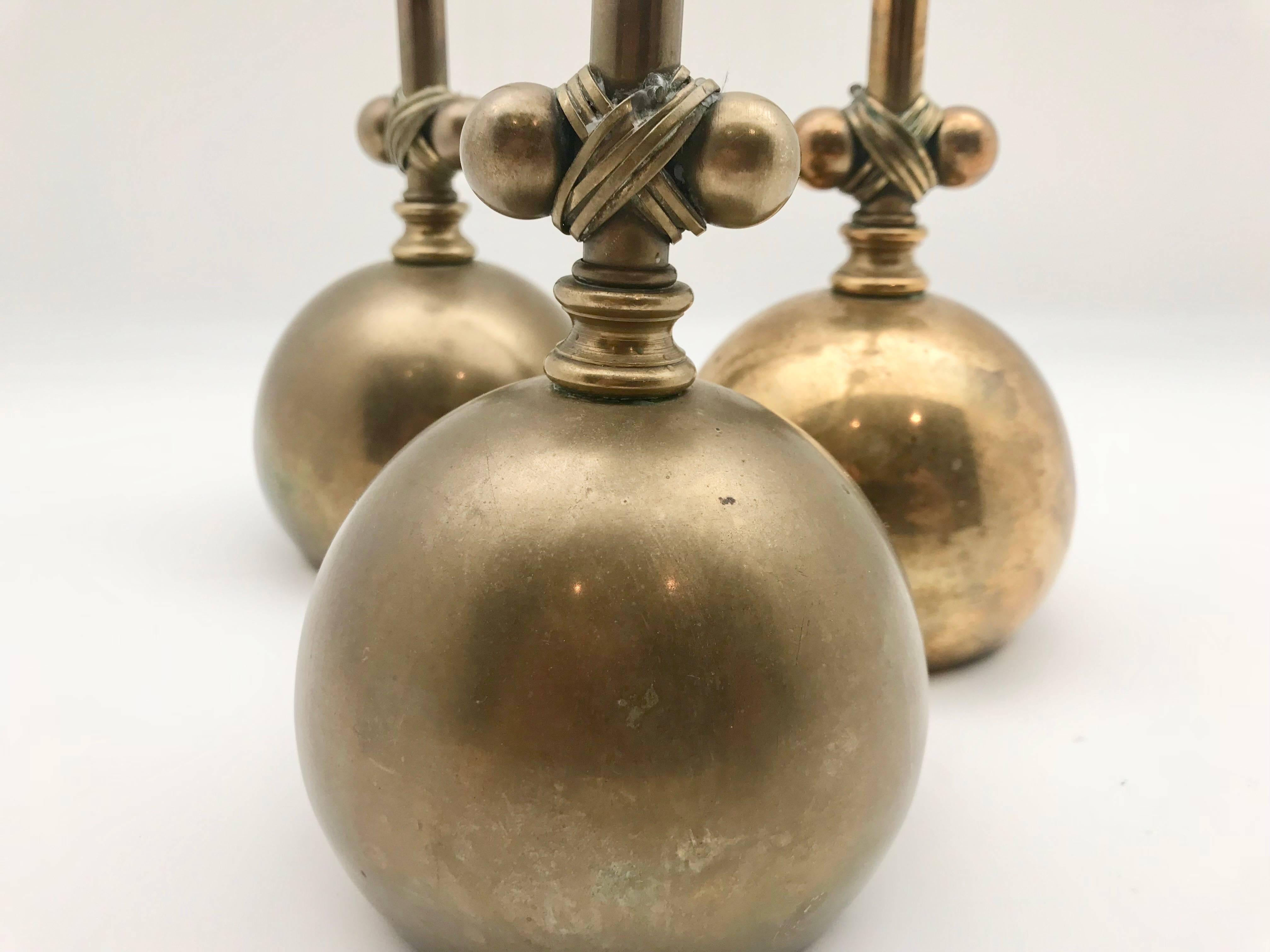 American Unusual Set of Three Midcentury Brass Candlesticks or Candleholders