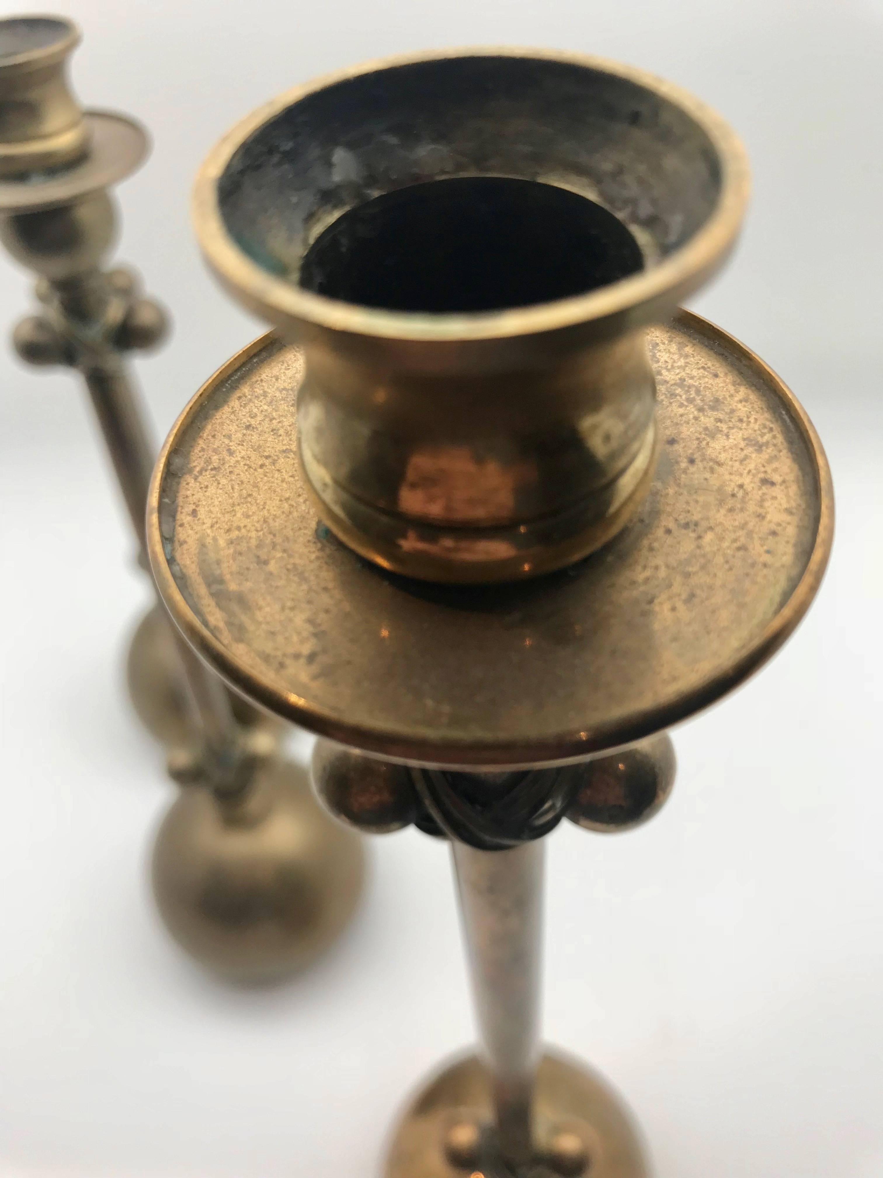 20th Century Unusual Set of Three Midcentury Brass Candlesticks or Candleholders
