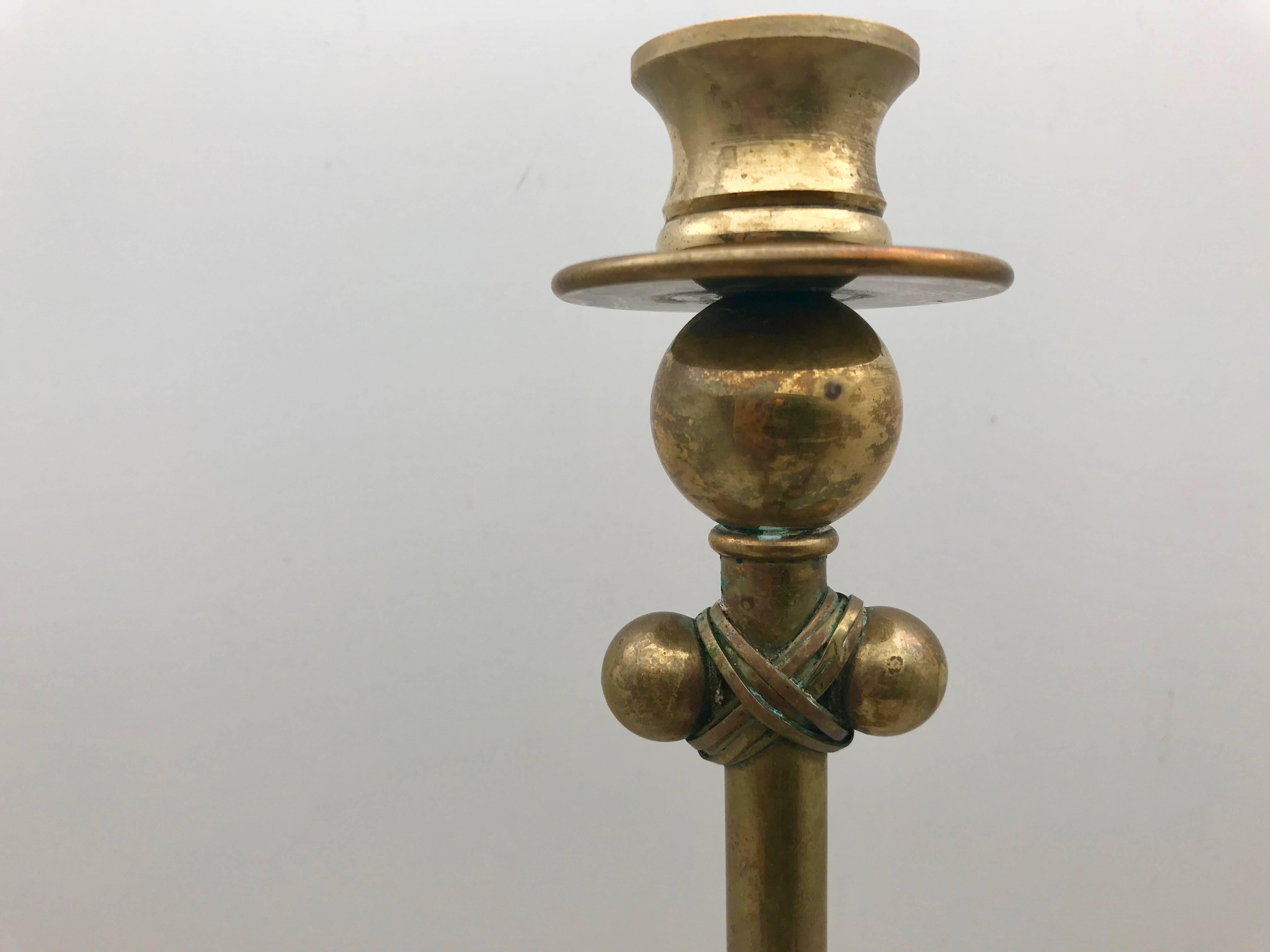 Unusual Set of Three Midcentury Brass Candlesticks or Candleholders 1