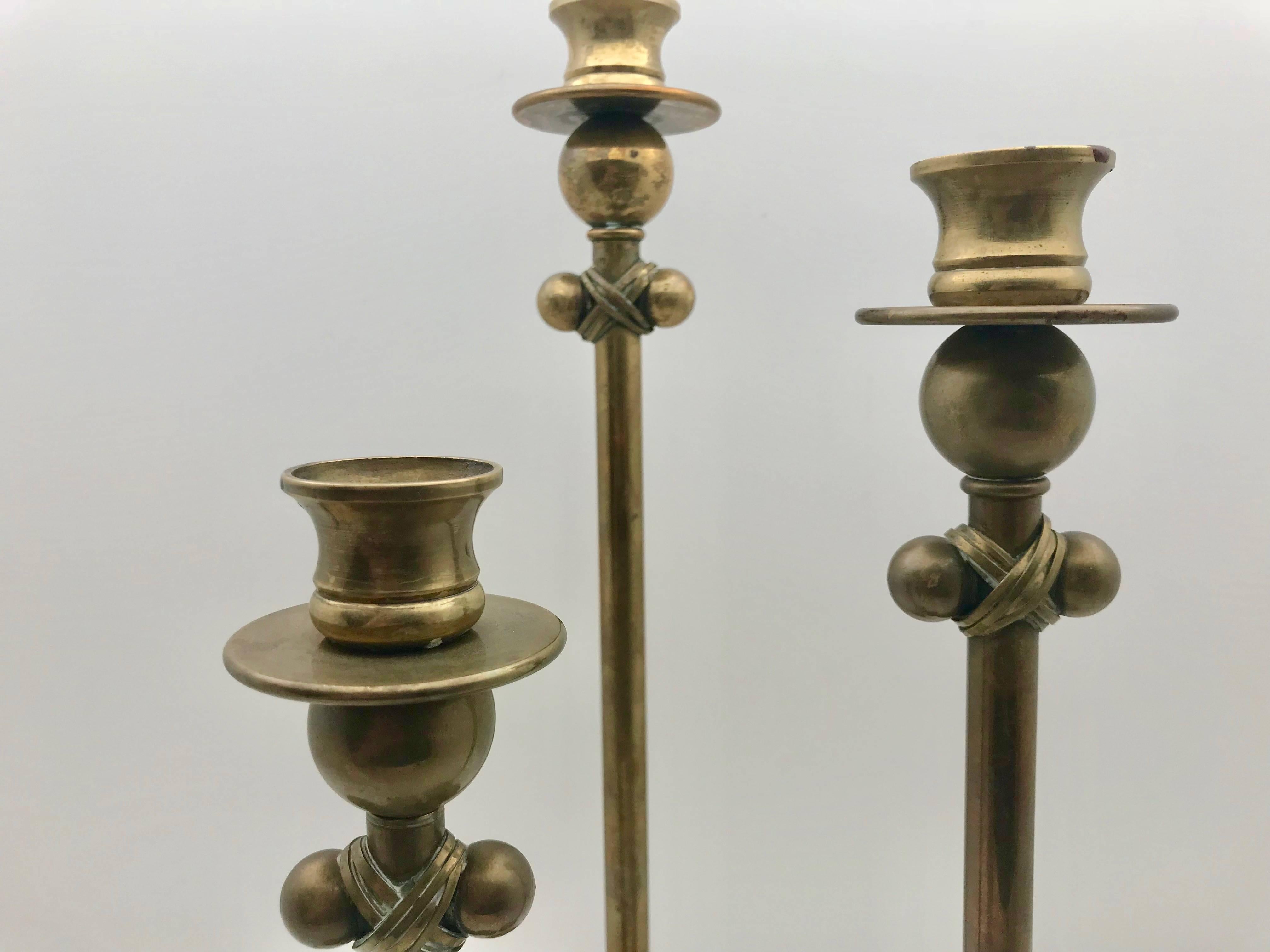 Unusual Set of Three Midcentury Brass Candlesticks or Candleholders 2