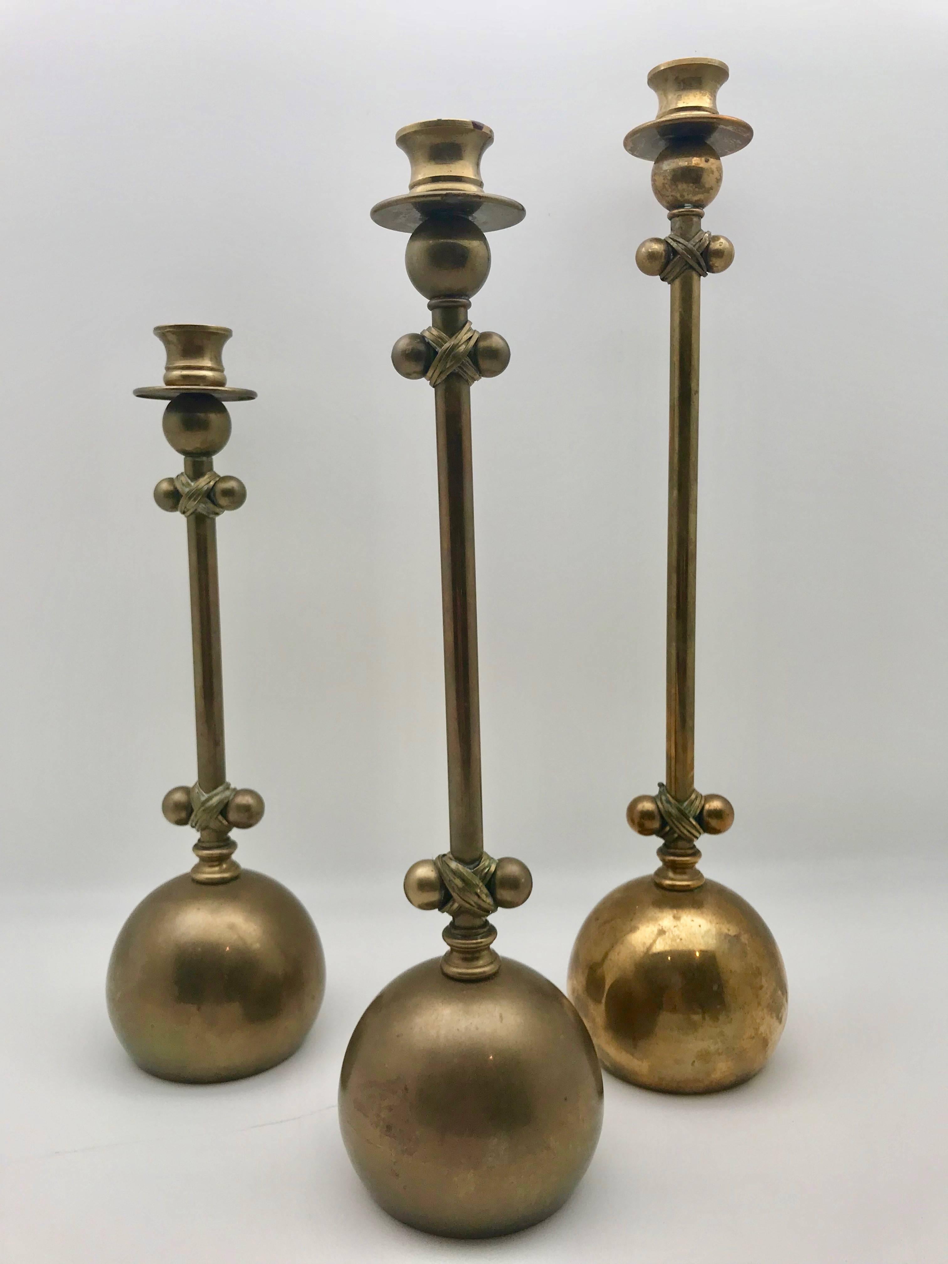 Unusual Set of Three Midcentury Brass Candlesticks or Candleholders 3