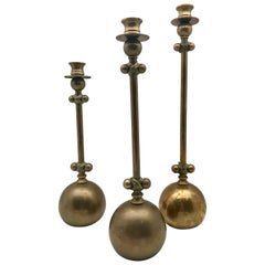 Unusual Set of Three Midcentury Brass Candlesticks or Candleholders