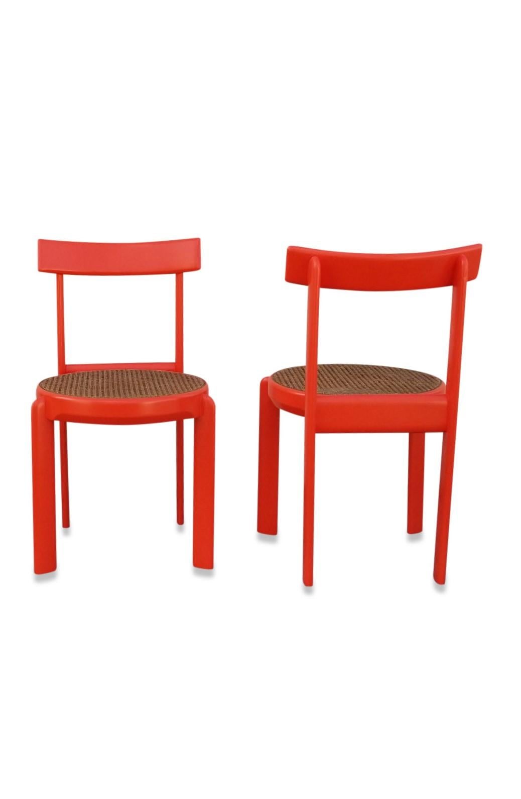 Oak Unusual Set of two Caning and Orange Lacquer Chairs, France, 1970s