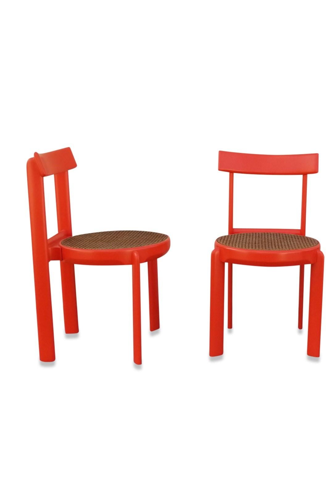 Unusual Set of two Caning and Orange Lacquer Chairs, France, 1970s 1