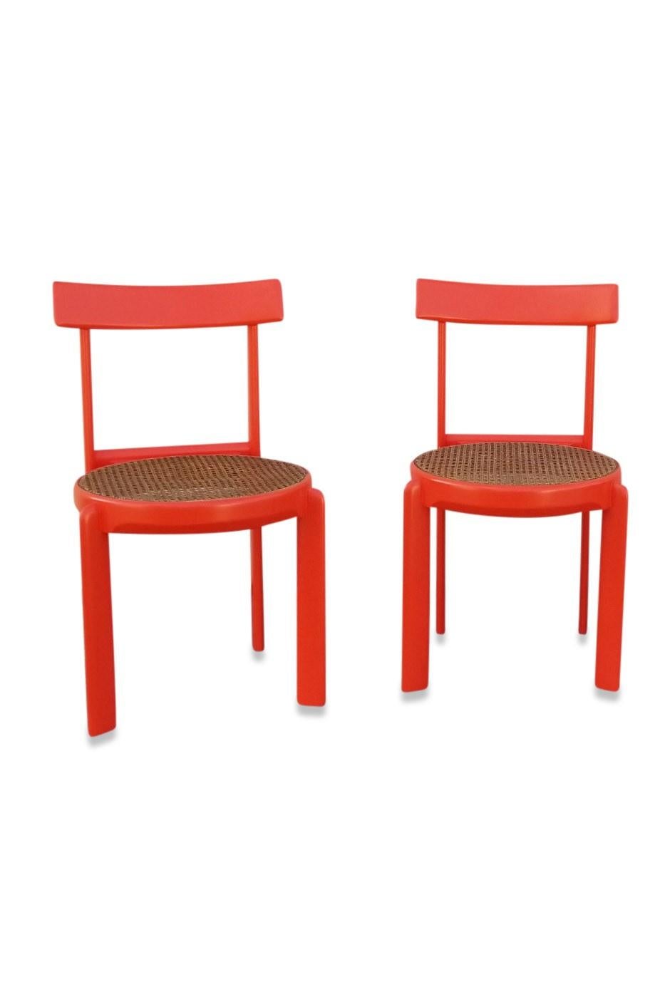 Unusual Set of two Caning and Orange Lacquer Chairs, France, 1970s 2