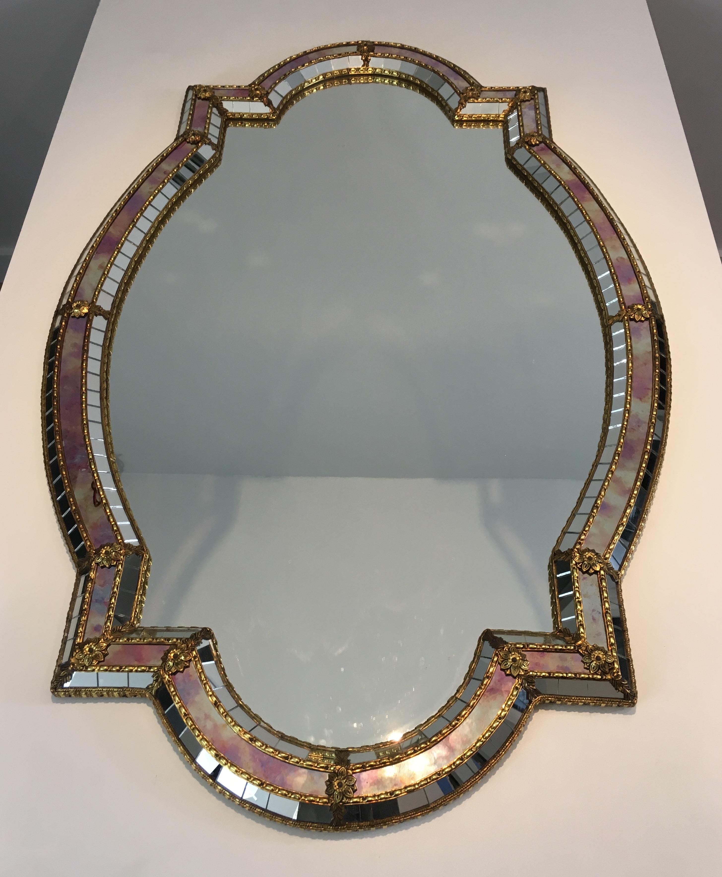 Unusual Shape Multi-Faceted Mirror with Mirrors Mosaics, Brass Flowers 7