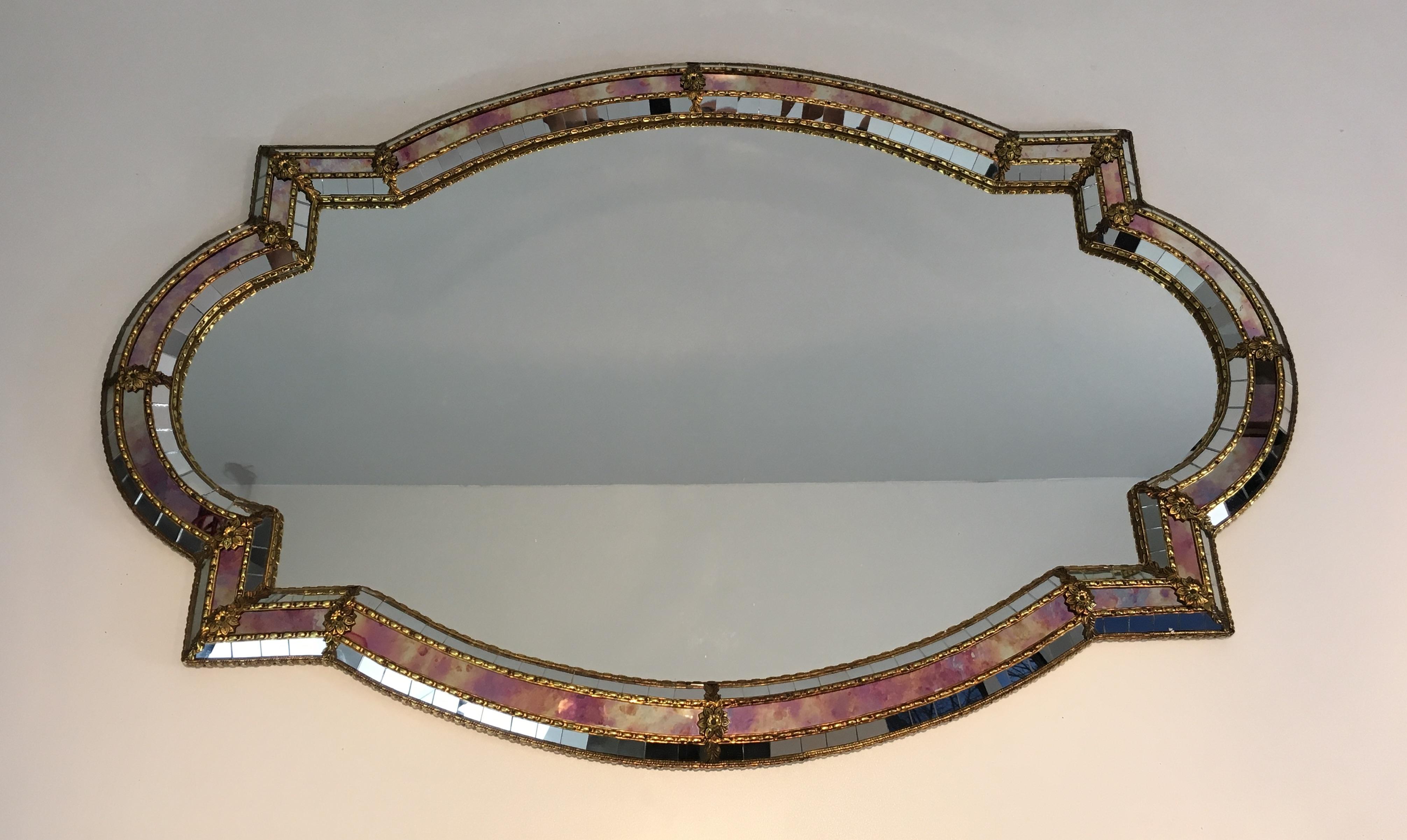 Unusual Shape Multi-Faceted Mirror with Mirrors Mosaics, Brass Flowers 10