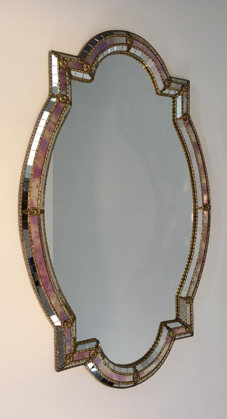 Unusual Shape MultiFaceted Mirror with Mirrors Mosaics, Brass Flowers