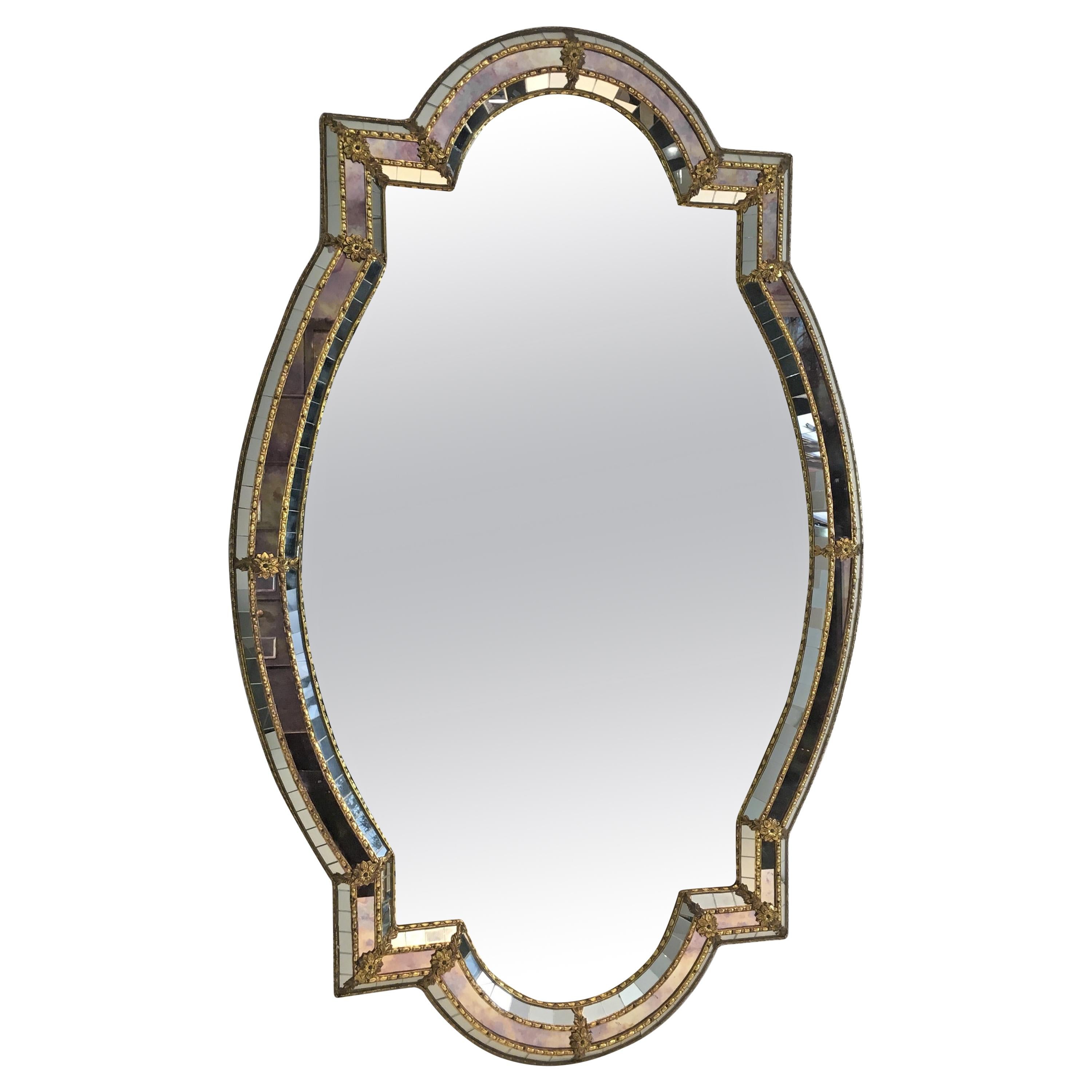 Unusual Shape Multi-Faceted Mirror with Mirrors Mosaics, Brass Flowers