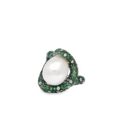 Unusual Shape Swirl Champagne Diamond and Tsavorite Ring with South Sea Pearl