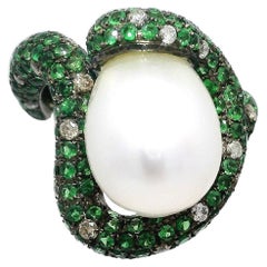 Unusual Shape Swirl Champagne Diamond and Tsavorite Ring with South Sea Pearl