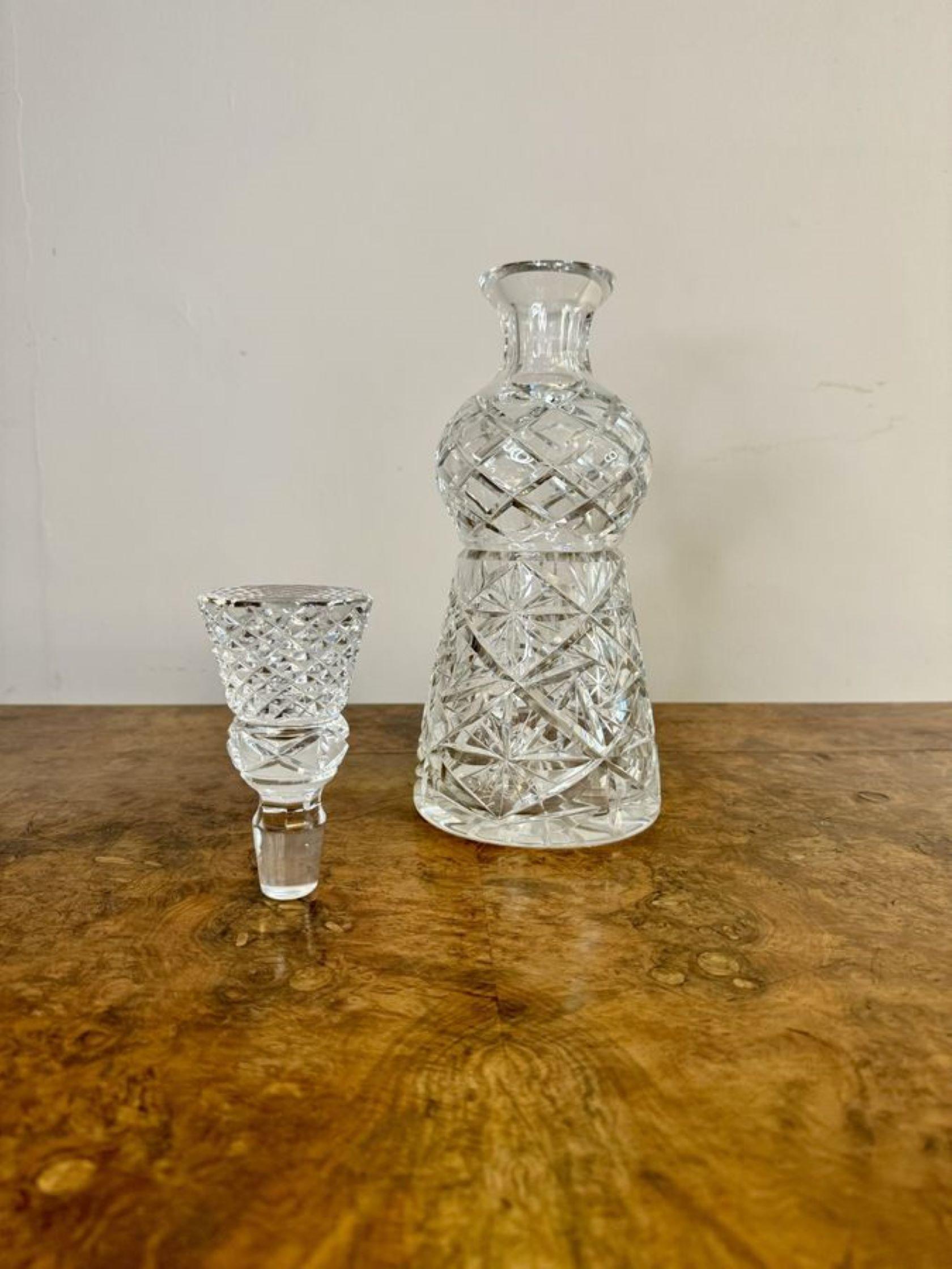 Unusual shaped antique Edwardian cut glass decanter, having a quality cut glass decanter with an unusual shaped body and the original cut glass stopper. 

D. 1900