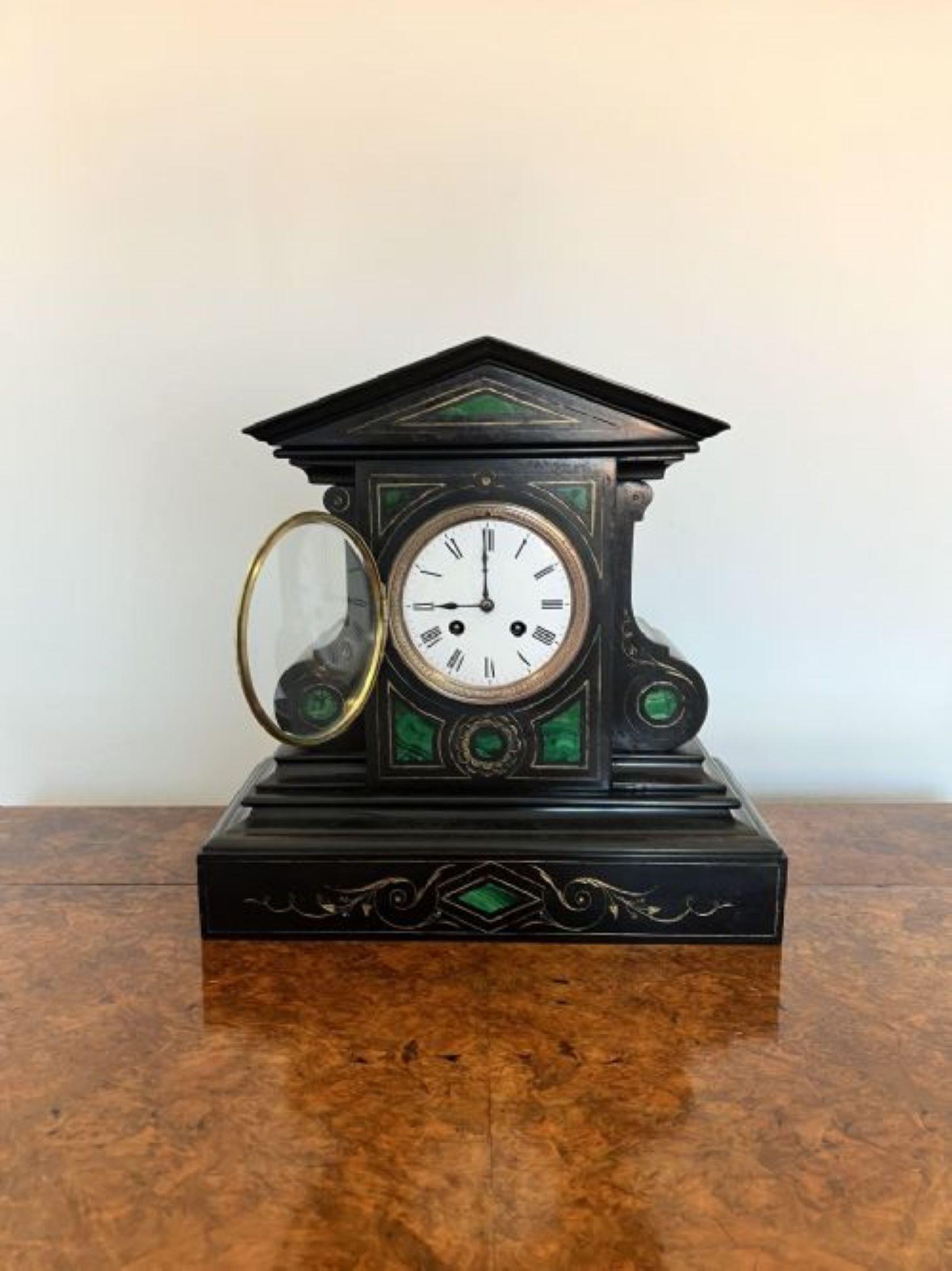 Unusual antique Victorian quality marble eight day mantle clock having a unusual quality antique Victorian marble mantle clock, 
Having a quality unusual shaped marble case inlaid with malachite and gilt detail, Having eight day movement striking