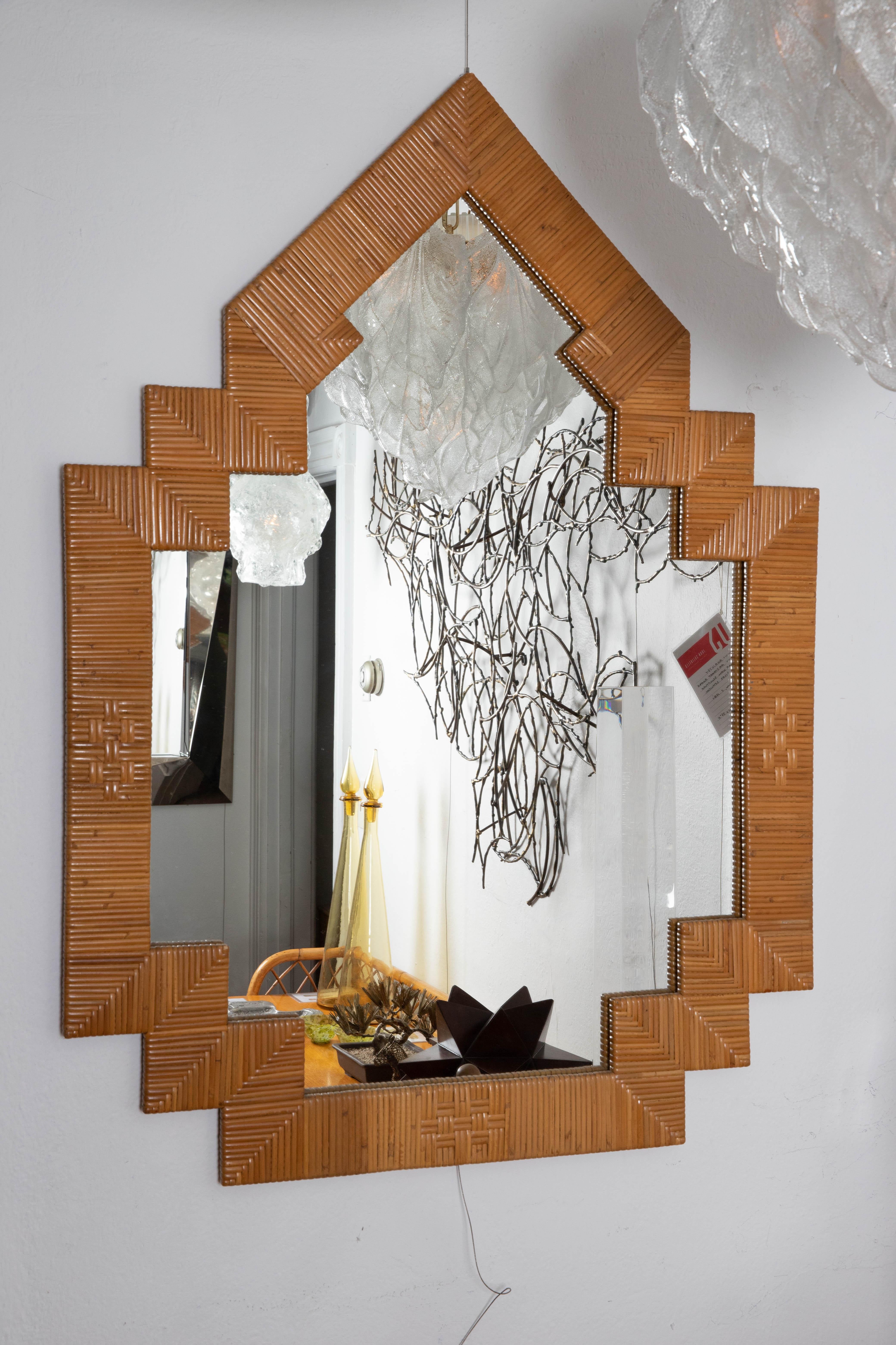 Mid-Century Modern Unusual Shaped Rattan Surround Mirror