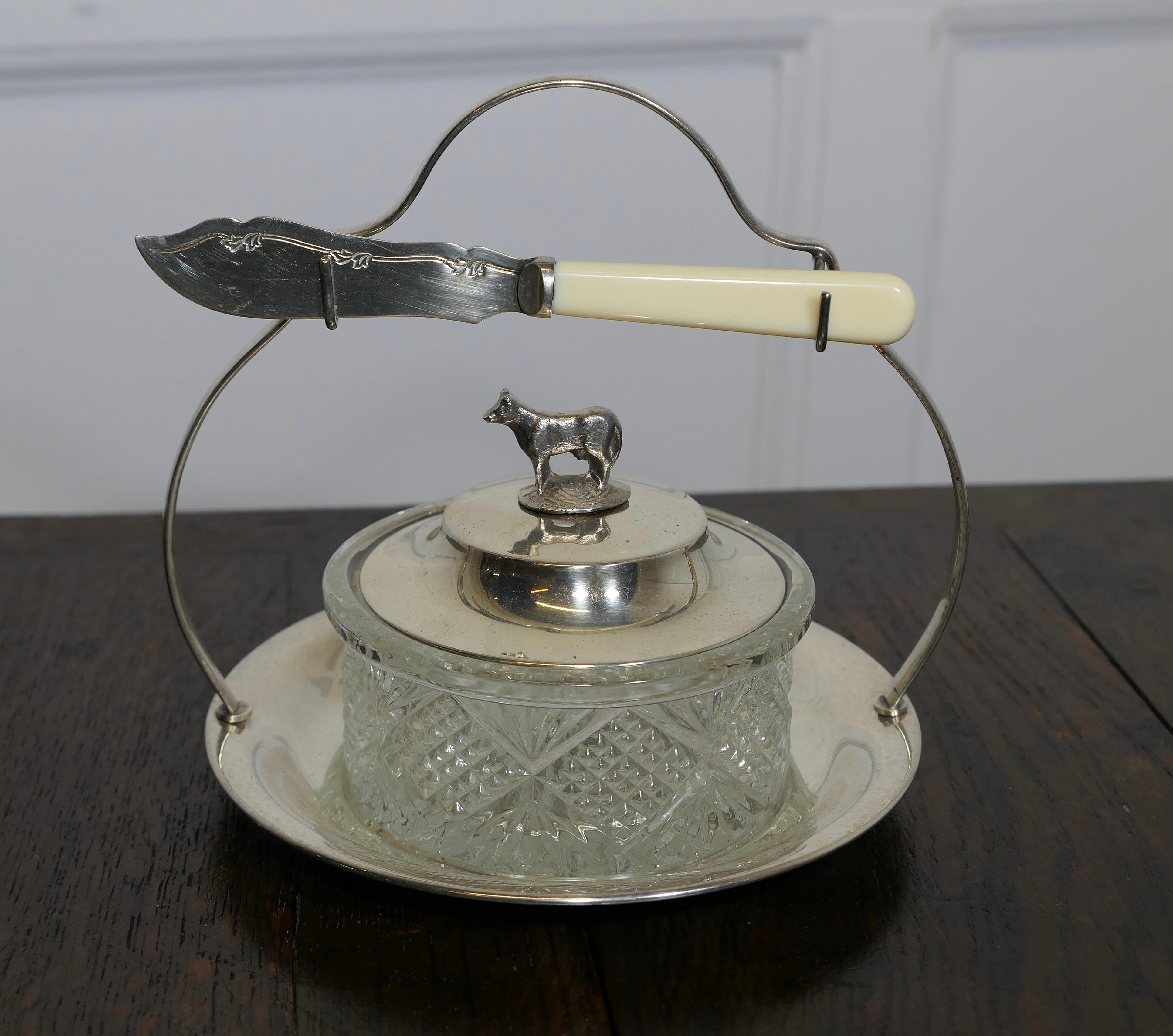 Plat à beurre inhabituel en métal argenté et verre    Une pièce très attrayante Bon état - En vente à Godshill, Isle of Wight