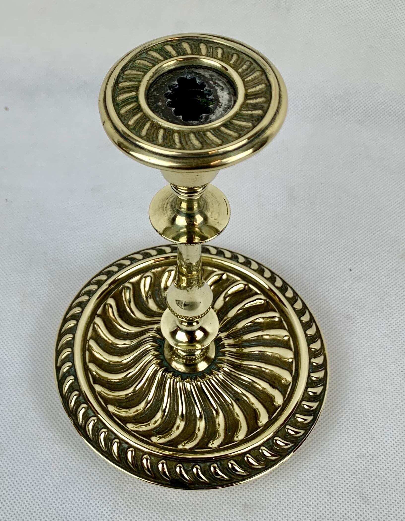 French Brass Repoussé Single Candlestick with Steel Aperture  1