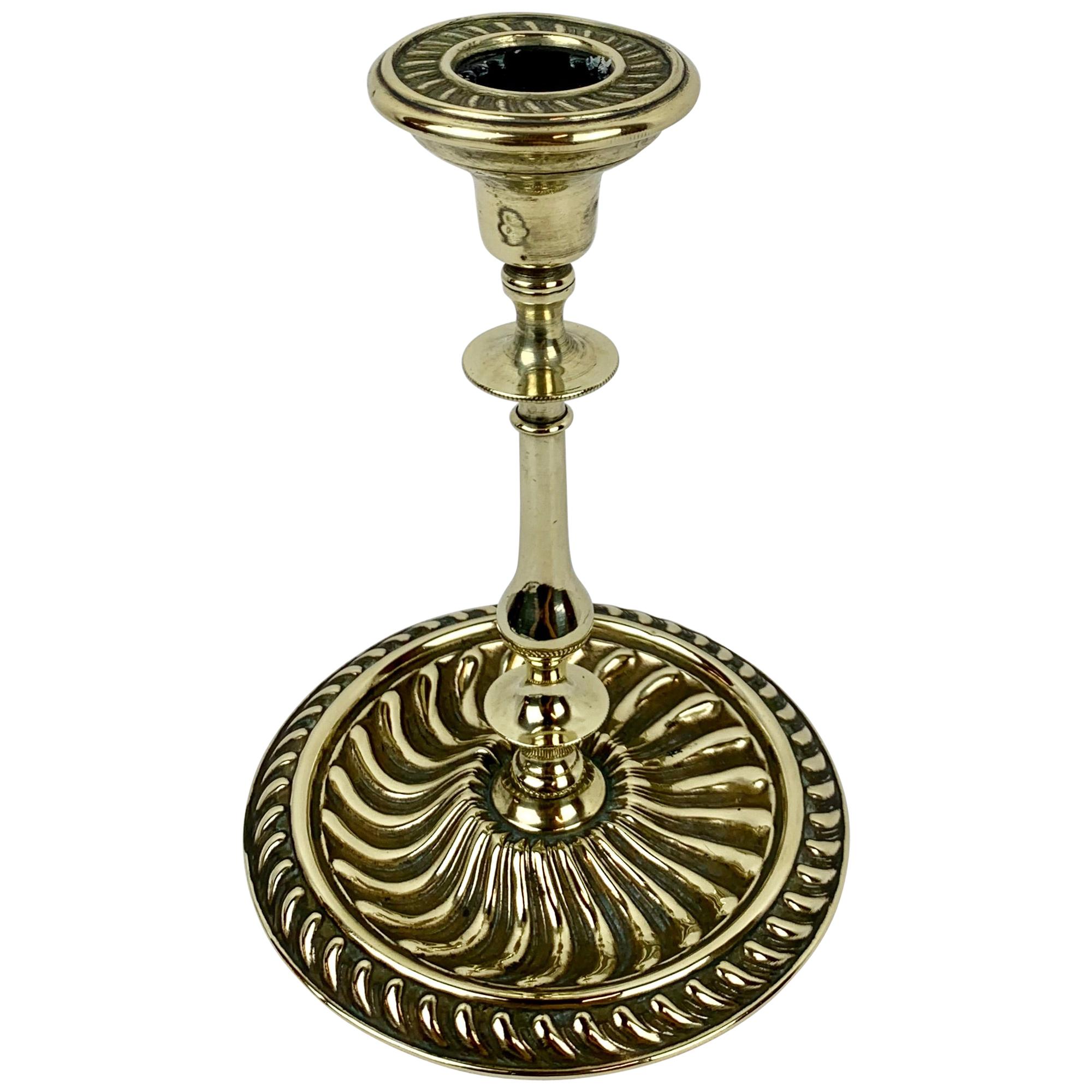French Brass Repoussé Single Candlestick with Steel Aperture 