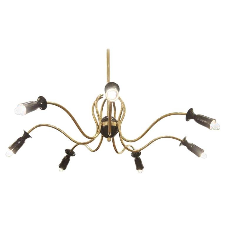 Unusual Sinusoidal Chandelier in Brass and Black Enamel in the Style of Stilnovo For Sale