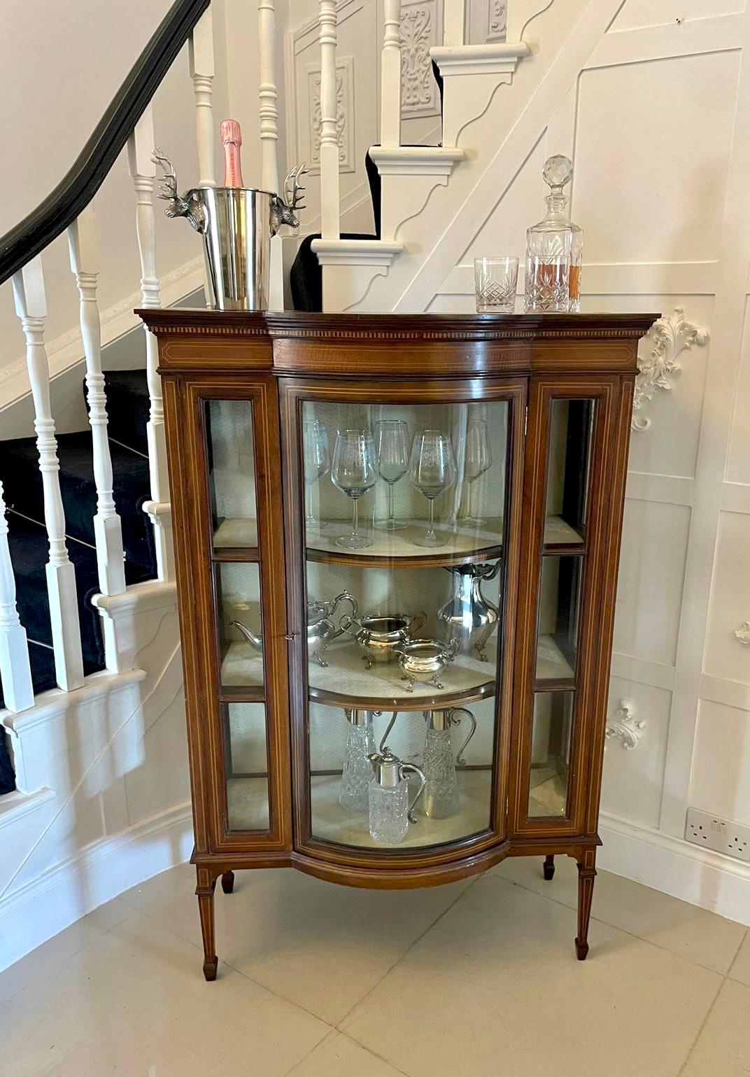 Unusual size antique Edwardian quality mahogany inlaid display cabinet having a quality mahogany shaped top, a moulded cornice and a mahogany inlaid satinwood frieze, one single bow fronted glazed door opening to reveal two display shelves flanked