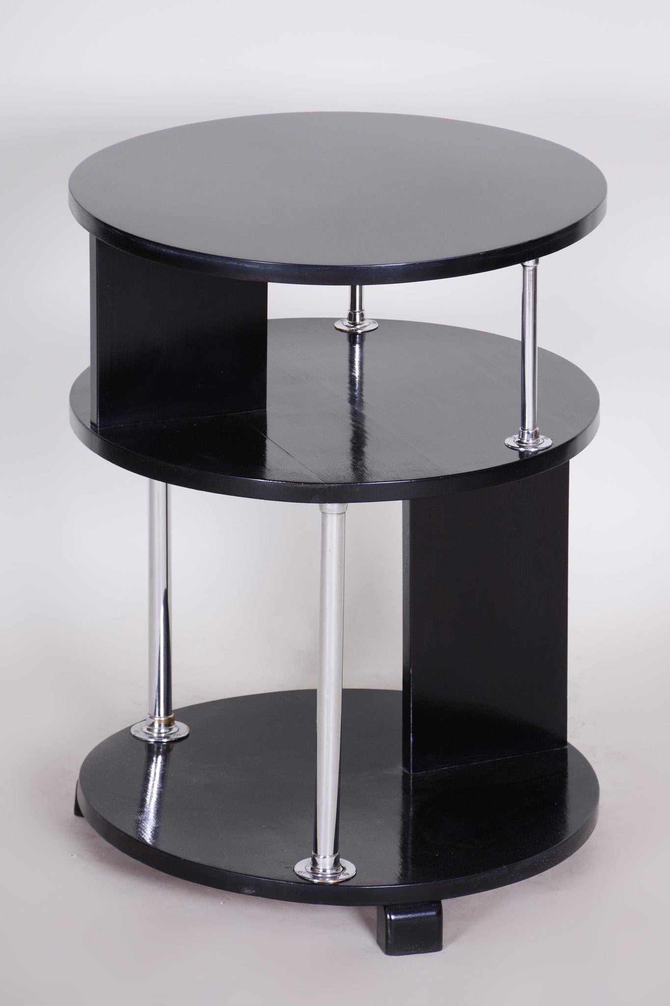 Unusual Small Czech Restored Round Black Beech Chrome Bauhaus Table, 1930s For Sale 6