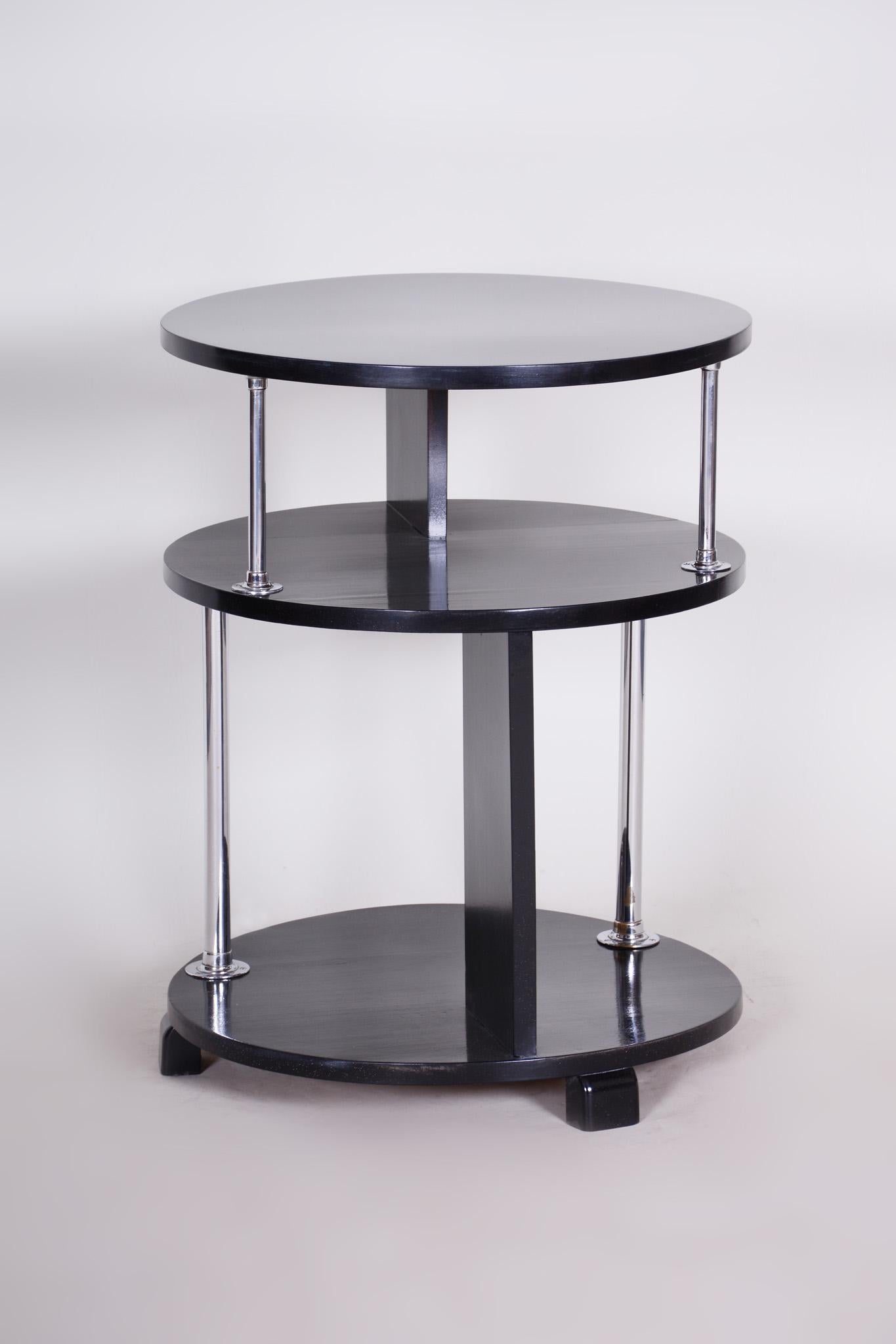 20th Century Unusual Small Czech Restored Round Black Beech Chrome Bauhaus Table, 1930s For Sale