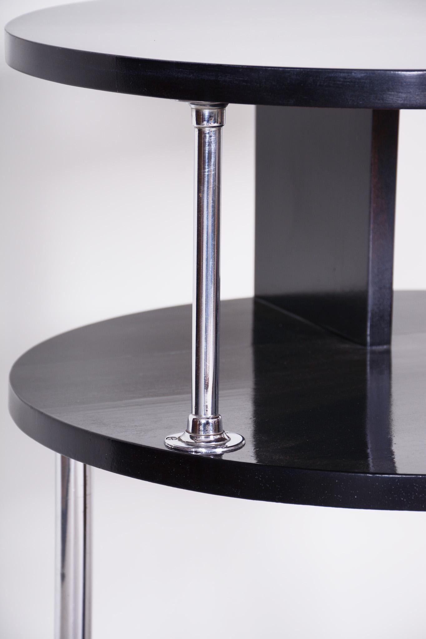 Unusual Small Czech Restored Round Black Beech Chrome Bauhaus Table, 1930s For Sale 1