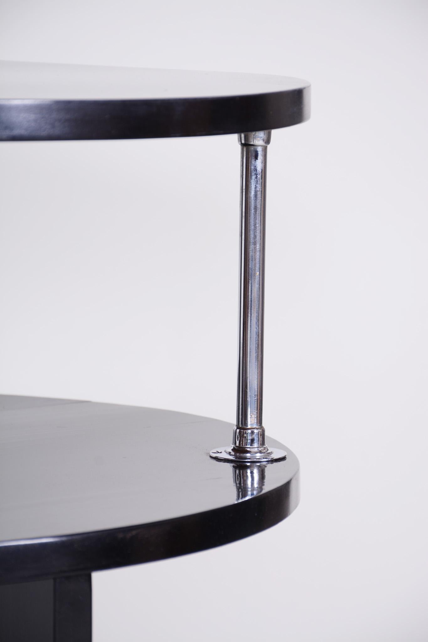 Unusual Small Czech Restored Round Black Beech Chrome Bauhaus Table, 1930s For Sale 4