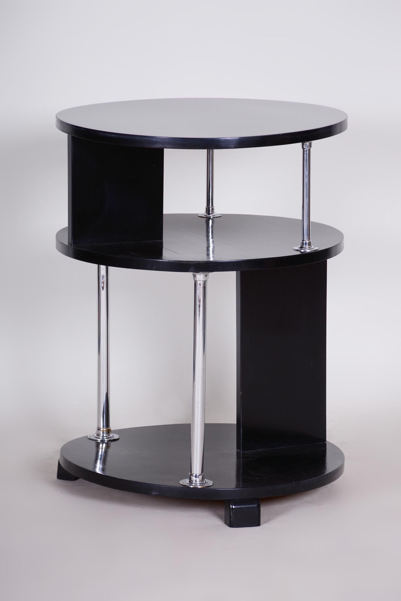 Unusual Small Czech Restored Round Black Beech Chrome Bauhaus Table, 1930s For Sale 5