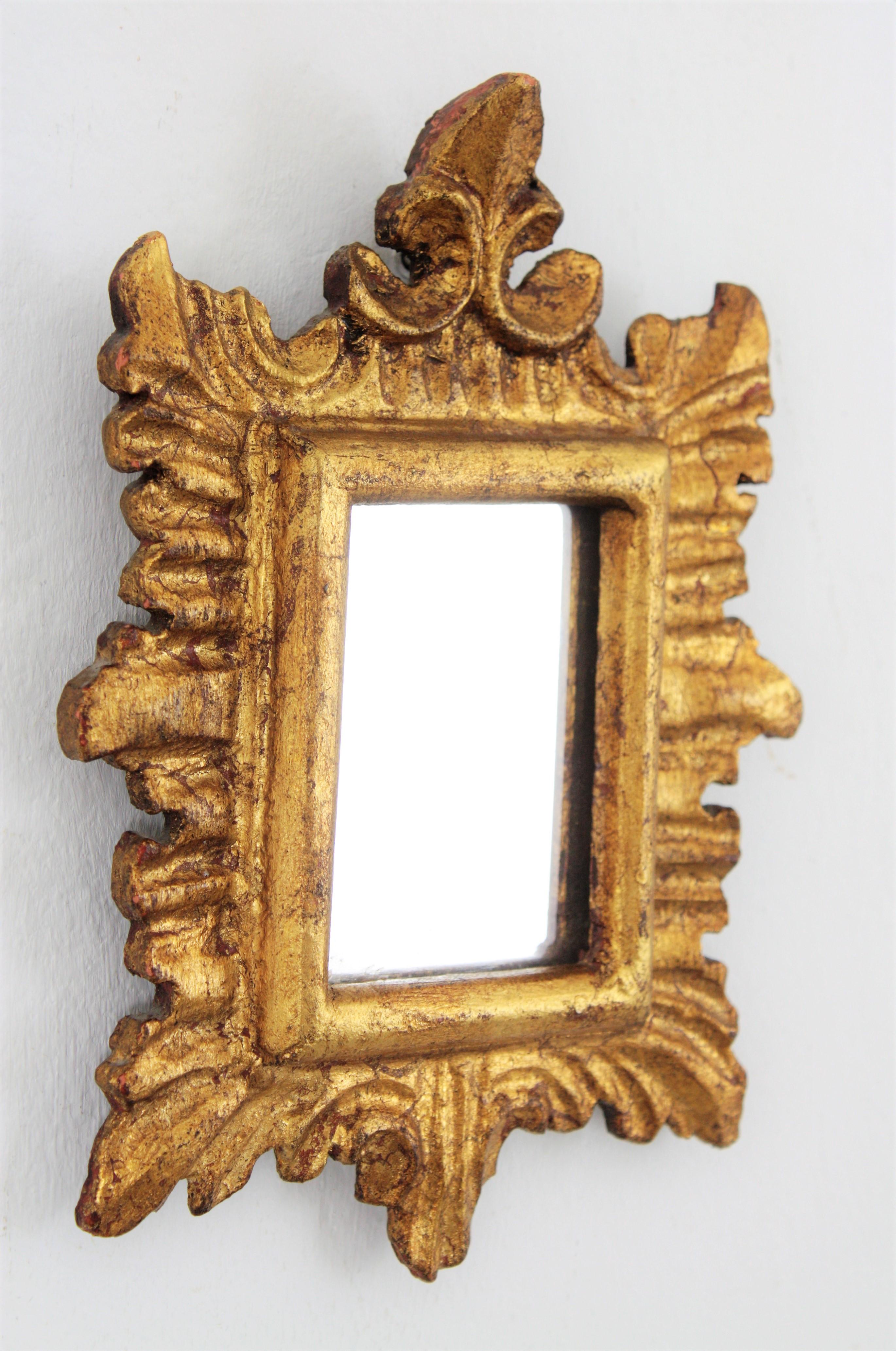 French Unusual Spanish 1940s Baroque Style Carved and Giltwood Mirror Miniature