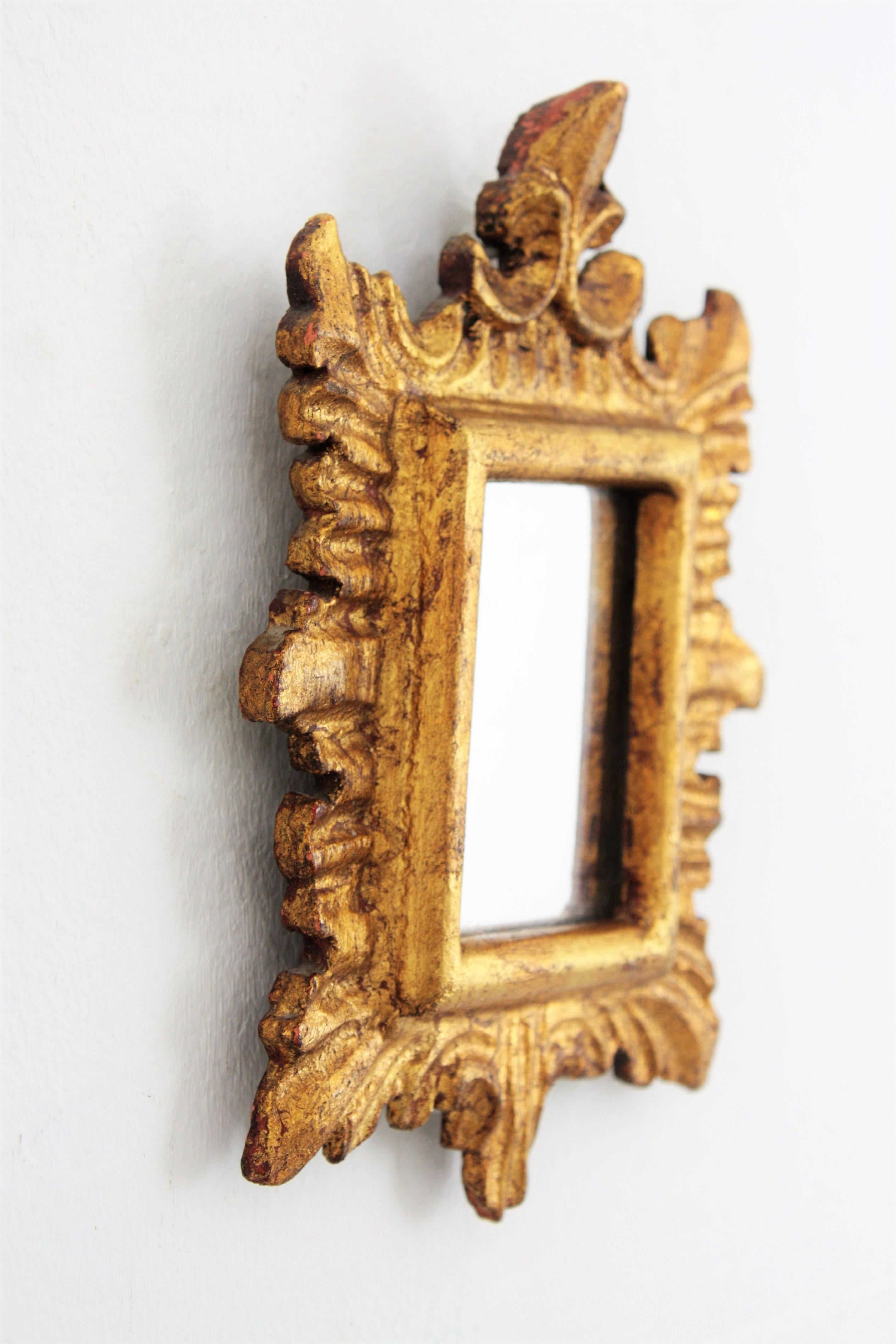 Hand-Carved Unusual Spanish 1940s Baroque Style Carved and Giltwood Mirror Miniature