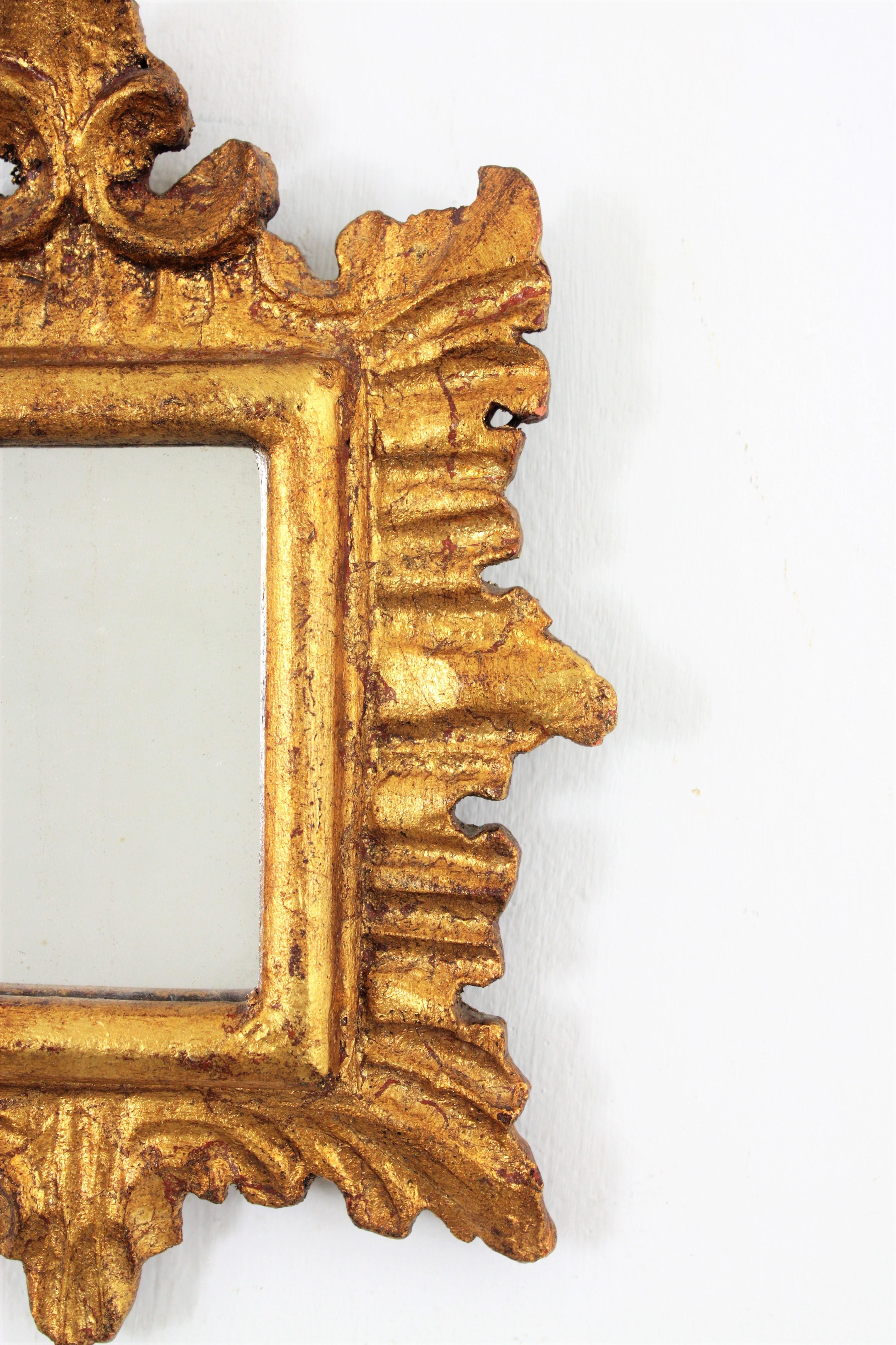 Mid-20th Century Unusual Spanish 1940s Baroque Style Carved and Giltwood Mirror Miniature