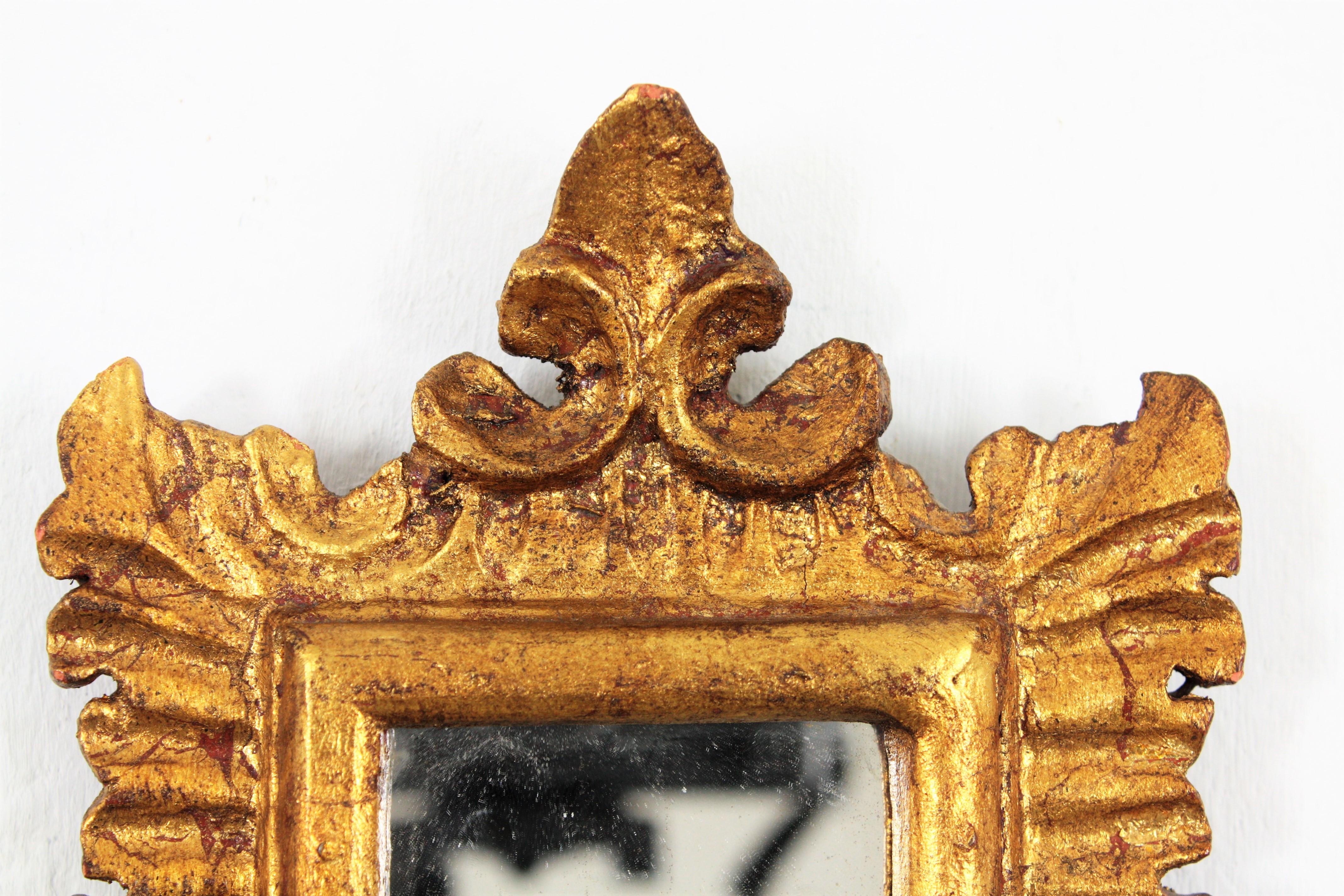 Unusual Spanish 1940s Baroque Style Carved and Giltwood Mirror Miniature 1